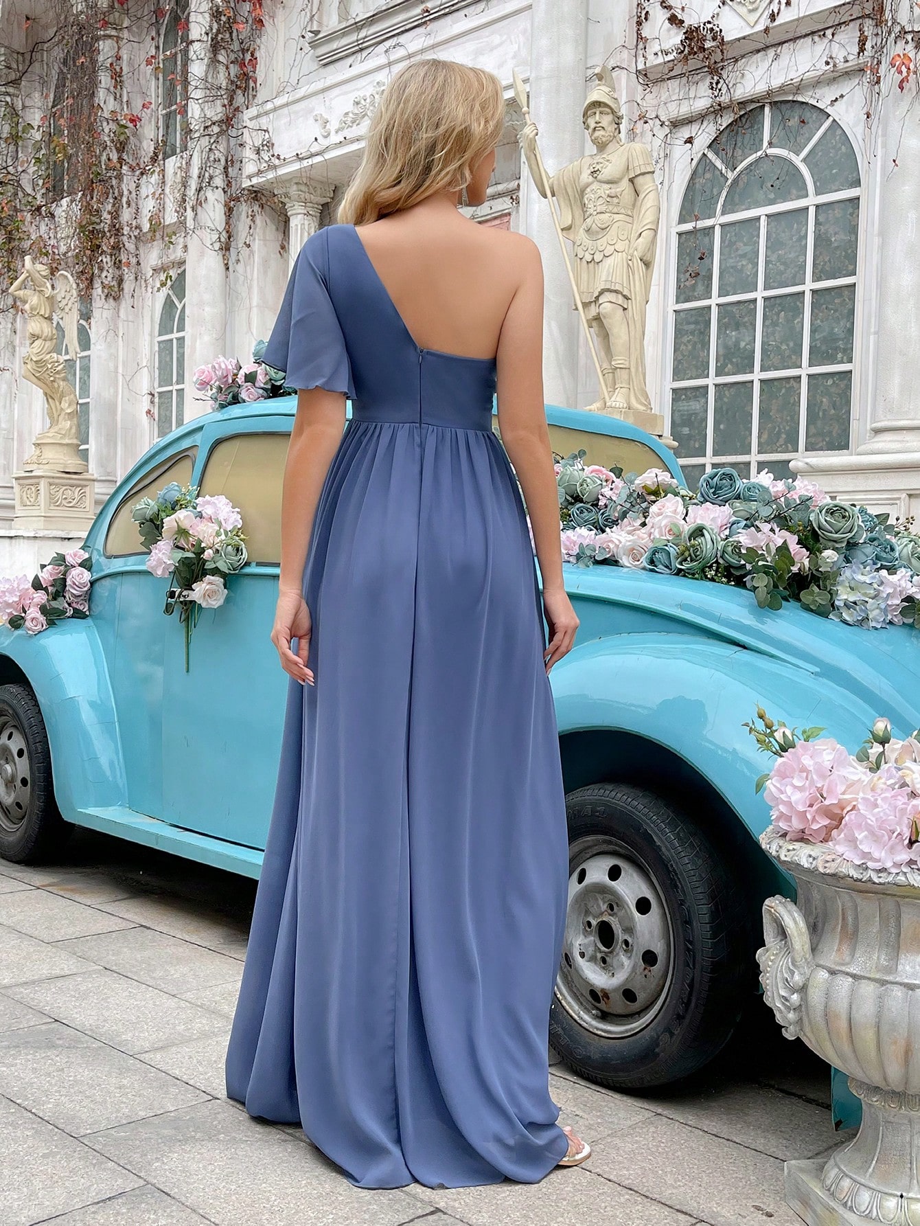 Simple Daily Solid Color One Shoulder Pleated Ruffle Sleeve Chiffon Bridesmaid Gown Dresses