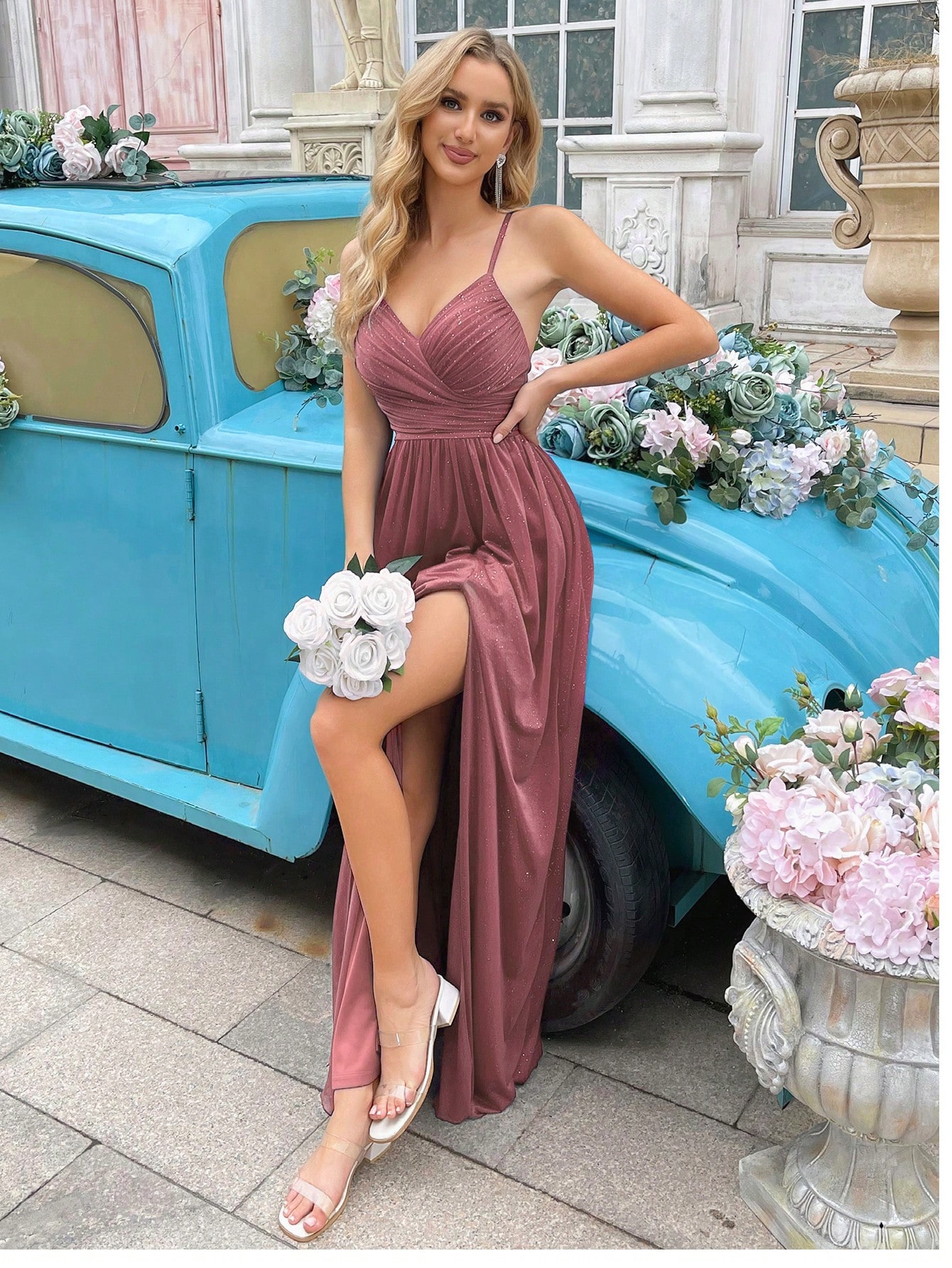 Bling Bridesmaid Gown Fashion Girls Formal Dress Women Long Gowns For Wedding, Formal Events, Wedding Guest, Dinner, Engagement Party Pleated High Slit Hem Sleeveless Dresses