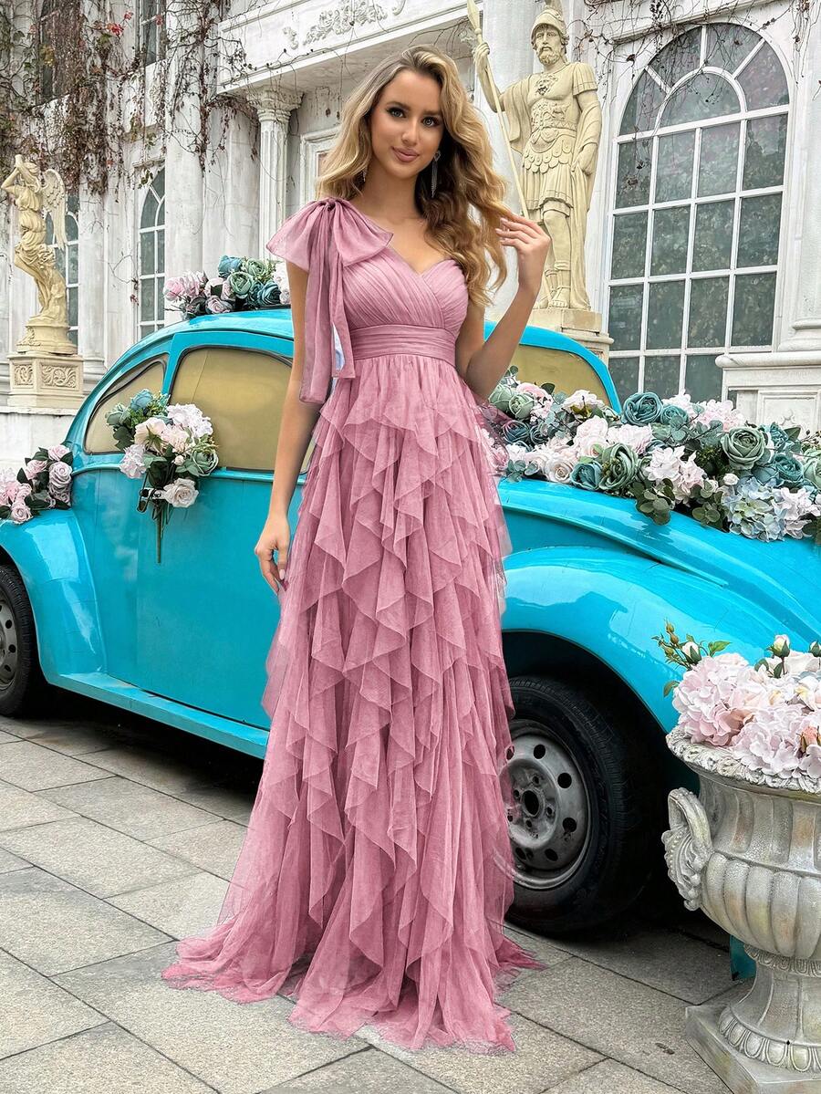 Simple Elegant Women Solid Color Asymmetric Neckline Sleeveless Formal Dress For Evening Party, Birthday Party, Graduation Ceremony, Prom, Galas