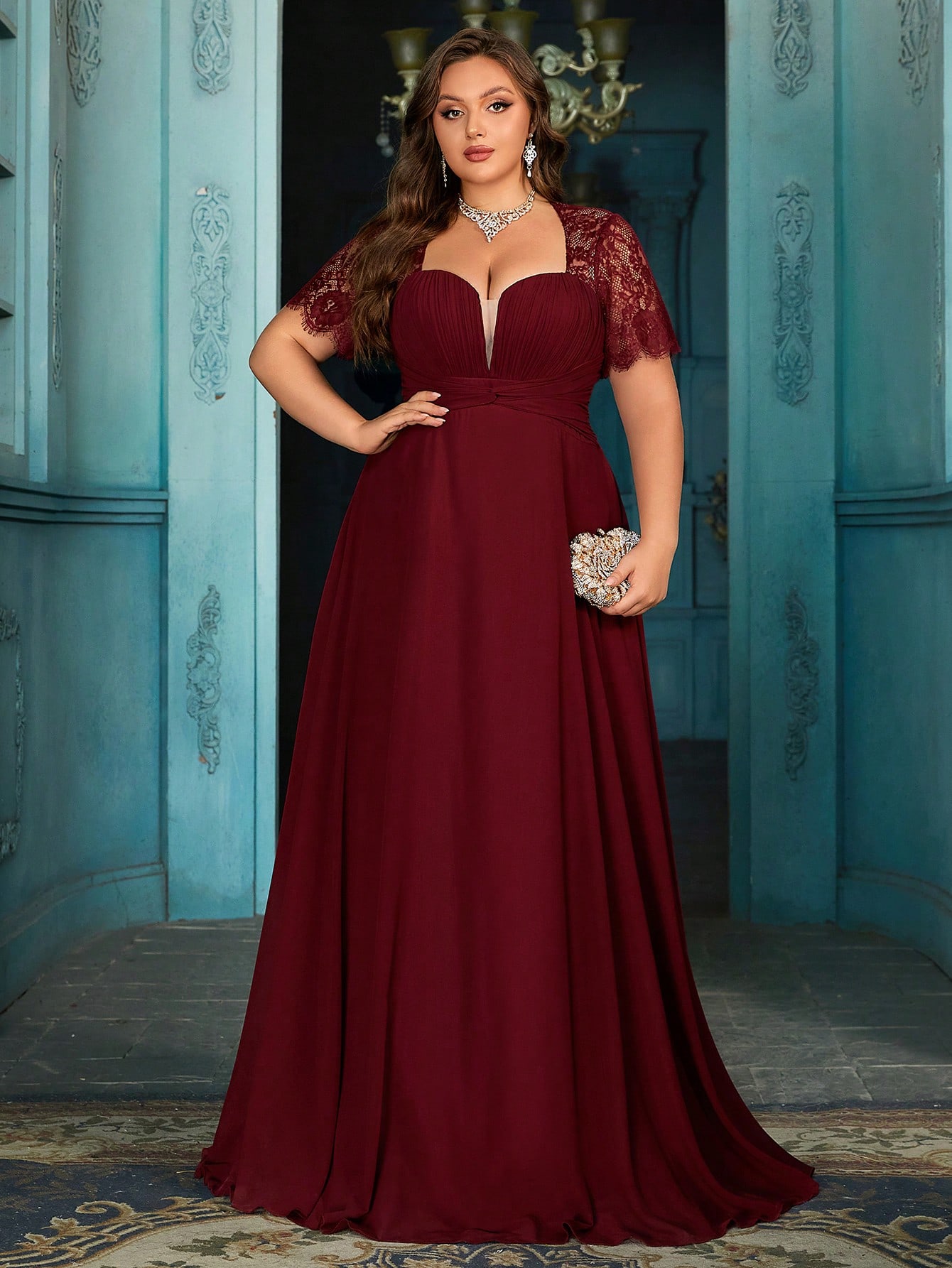 Women's Elegant Wine Red Lace Patchwork Short Sleeve Formal Maxi Dress, Plus Size Sweetheart Neck Evening Gown, Waist-Defining Chiffon Prom Party Dress, A-Line Hem Wedding Guest Dress Bridesmaid Dress, Birthday Dress, Red Carpet Outfit,Holiday Dress
