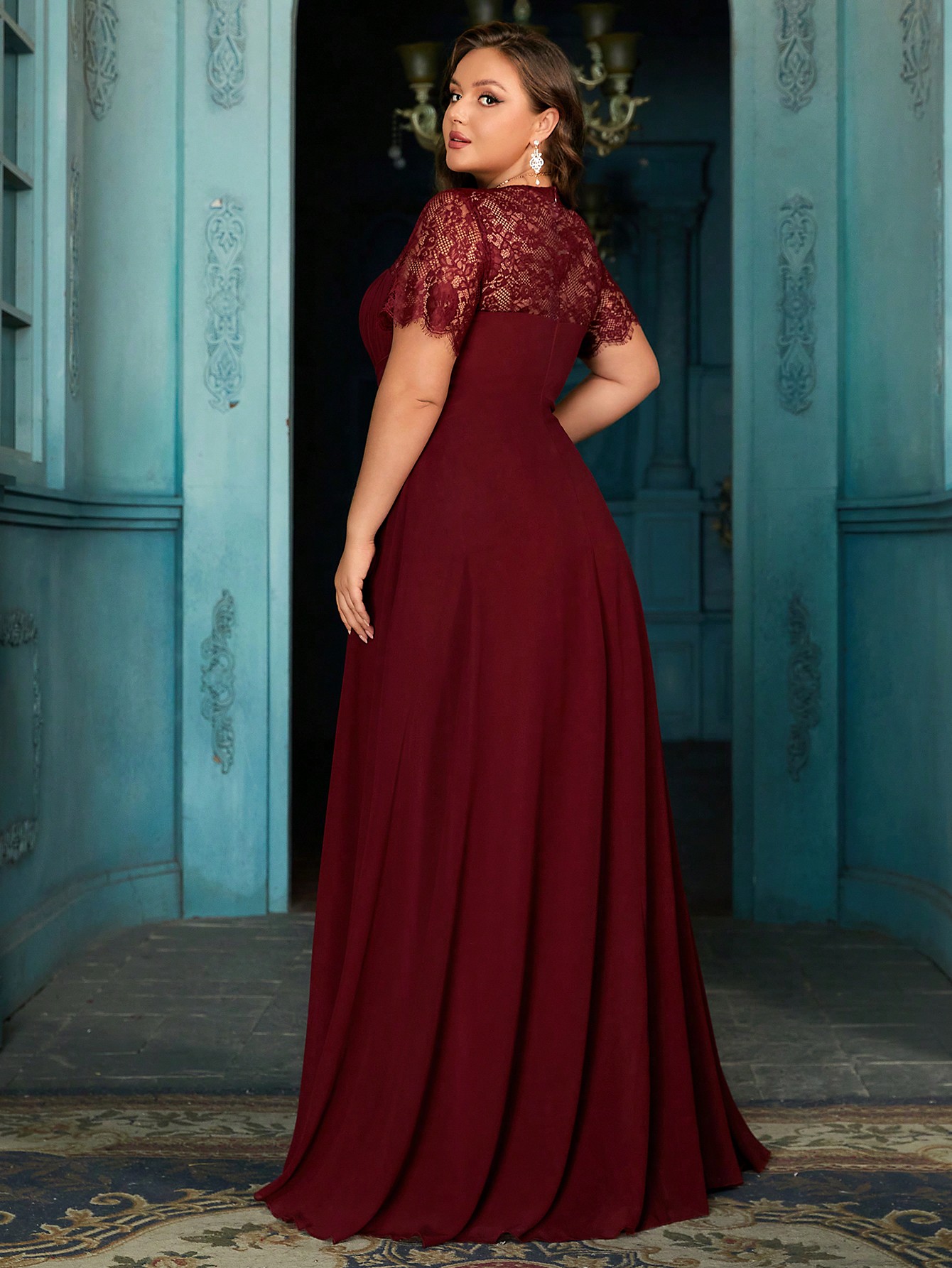Women's Elegant Wine Red Lace Patchwork Short Sleeve Formal Maxi Dress, Plus Size Sweetheart Neck Evening Gown, Waist-Defining Chiffon Prom Party Dress, A-Line Hem Wedding Guest Dress Bridesmaid Dress, Birthday Dress, Red Carpet Outfit,Holiday Dress