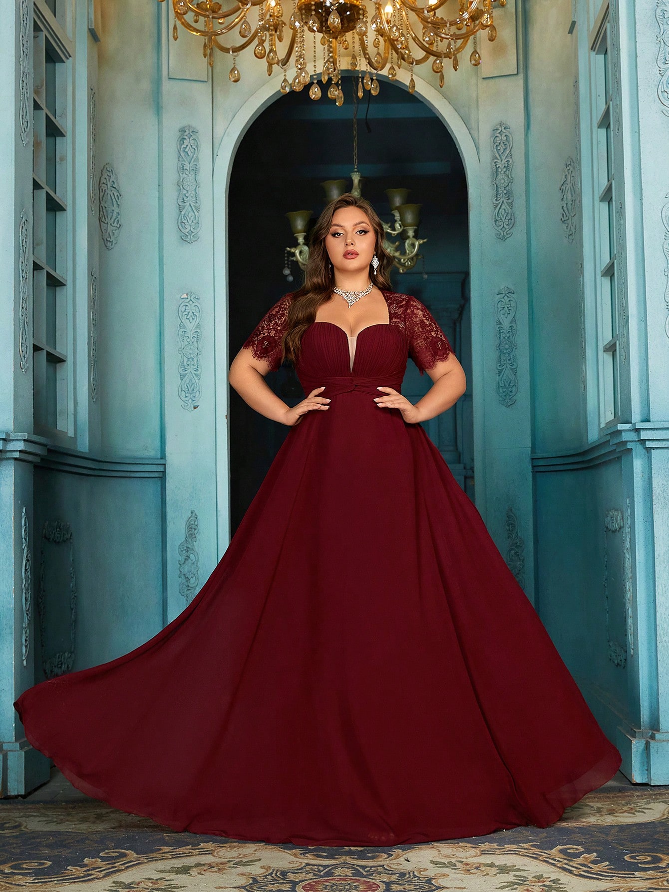 Women's Elegant Wine Red Lace Patchwork Short Sleeve Formal Maxi Dress, Plus Size Sweetheart Neck Evening Gown, Waist-Defining Chiffon Prom Party Dress, A-Line Hem Wedding Guest Dress Bridesmaid Dress, Birthday Dress, Red Carpet Outfit,Holiday Dress