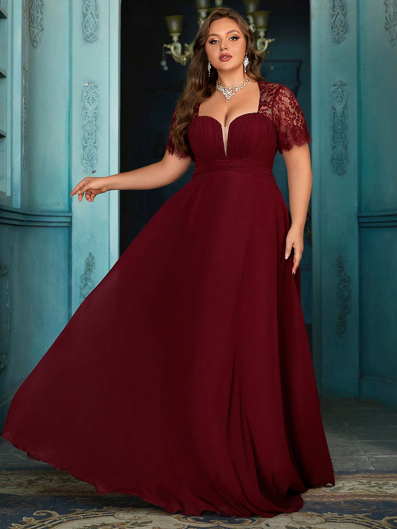 Women's Elegant Wine Red Lace Patchwork Short Sleeve Formal Maxi Dress, Plus Size Sweetheart Neck Evening Gown, Waist-Defining Chiffon Prom Party Dress, A-Line Hem Wedding Guest Dress Bridesmaid Dress, Birthday Dress, Red Carpet Outfit,Holiday Dress