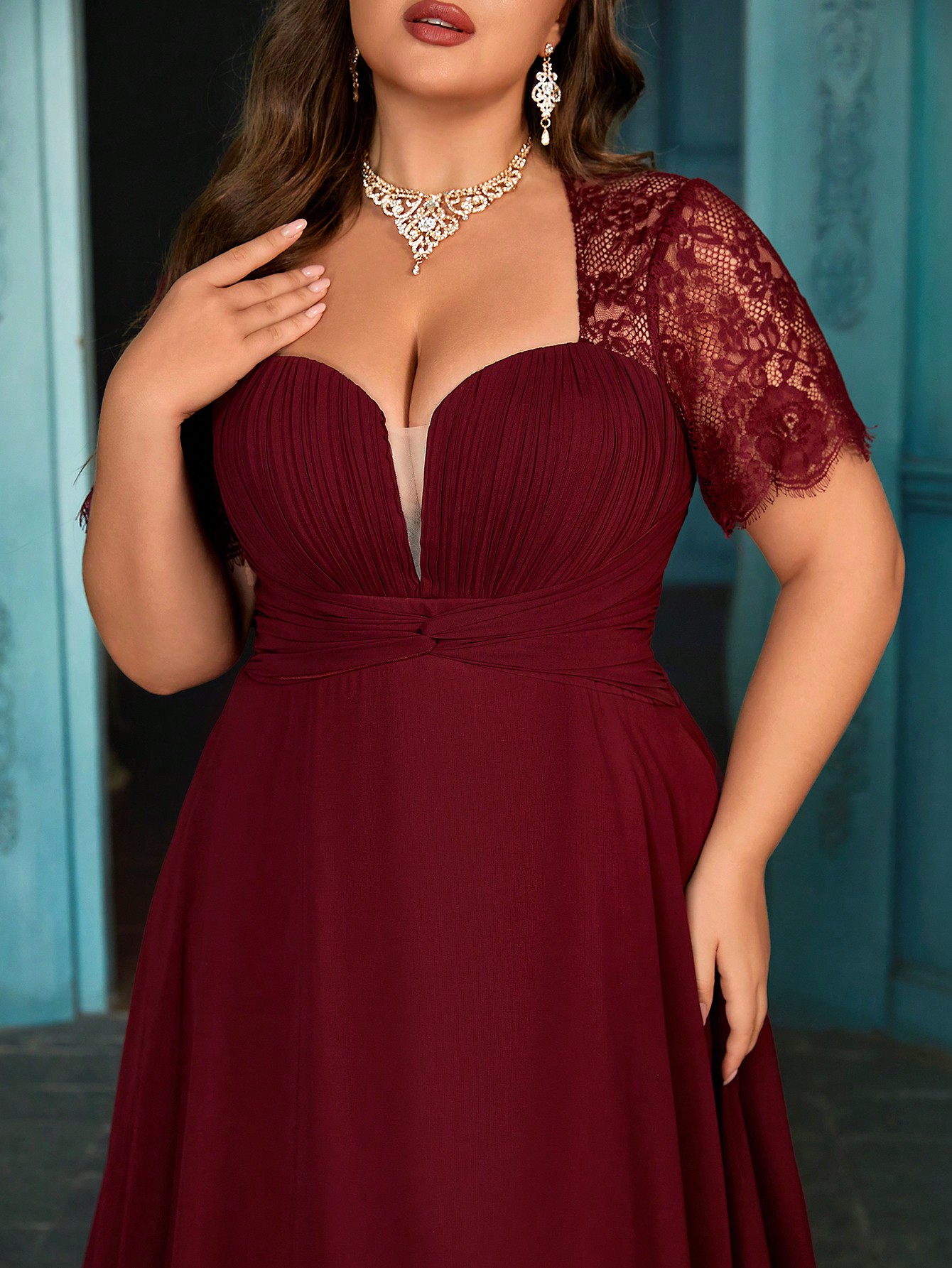 Women's Elegant Wine Red Lace Patchwork Short Sleeve Formal Maxi Dress, Plus Size Sweetheart Neck Evening Gown, Waist-Defining Chiffon Prom Party Dress, A-Line Hem Wedding Guest Dress Bridesmaid Dress, Birthday Dress, Red Carpet Outfit,Holiday Dress