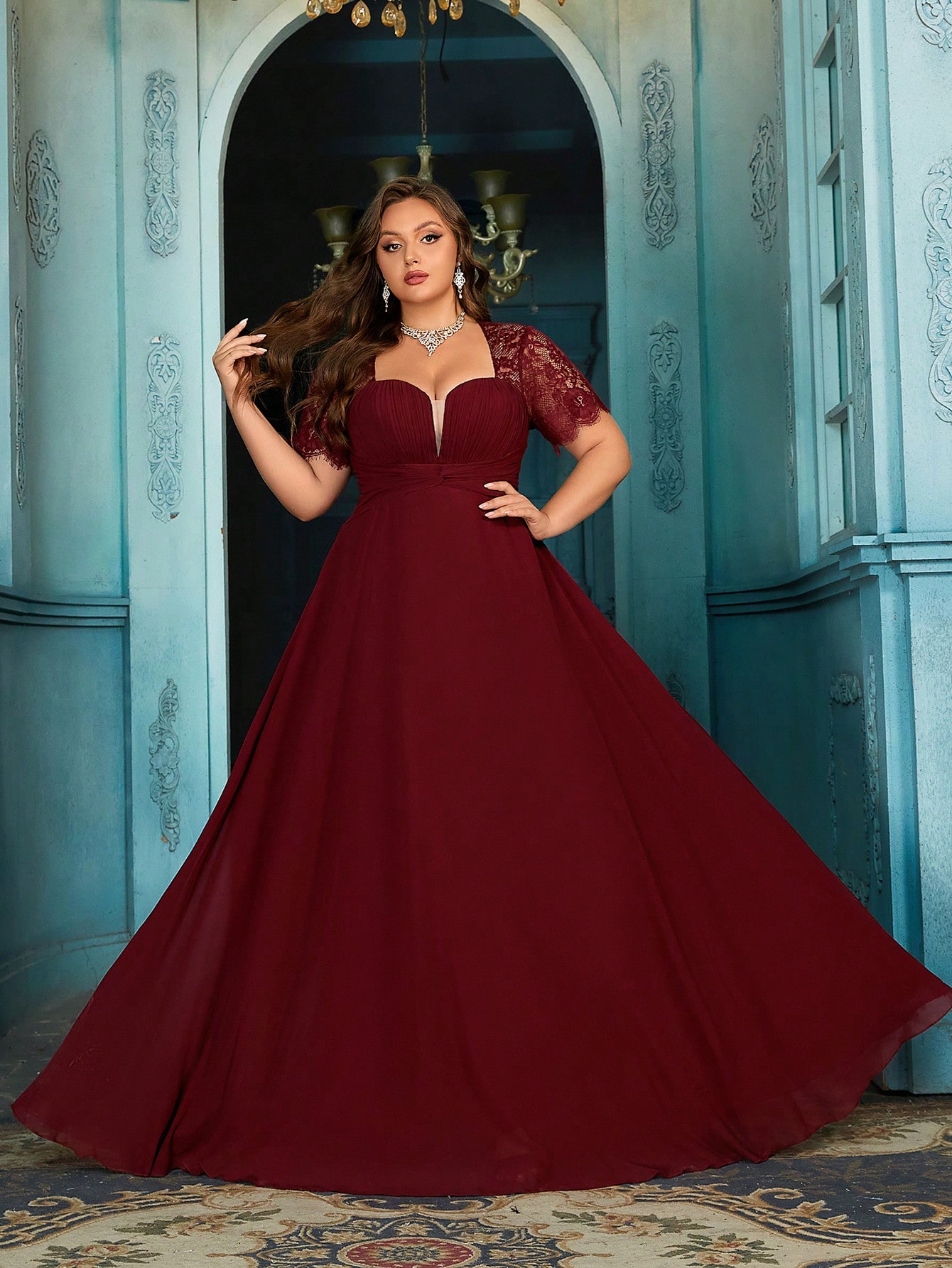 Women's Elegant Wine Red Lace Patchwork Short Sleeve Formal Maxi Dress, Plus Size Sweetheart Neck Evening Gown, Waist-Defining Chiffon Prom Party Dress, A-Line Hem Wedding Guest Dress Bridesmaid Dress, Birthday Dress, Red Carpet Outfit,Holiday Dress