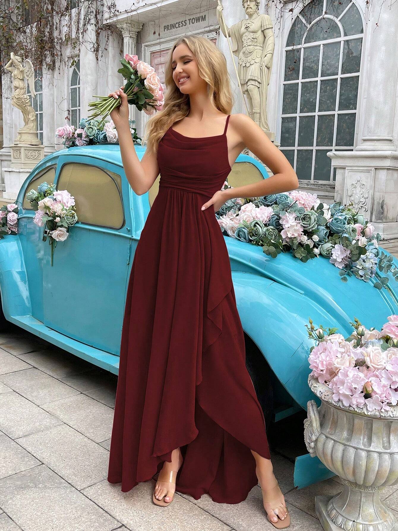 Elegant Simple Women Wedding Formal Dress Summer Bridesmaid Gown For Weddings, Guest, Dinner, Formal Events, Engagement Party, Lawn Wedding Solid Color Cowl Neck Asymmetric Hem Halter Bridesmaid Long Dresses