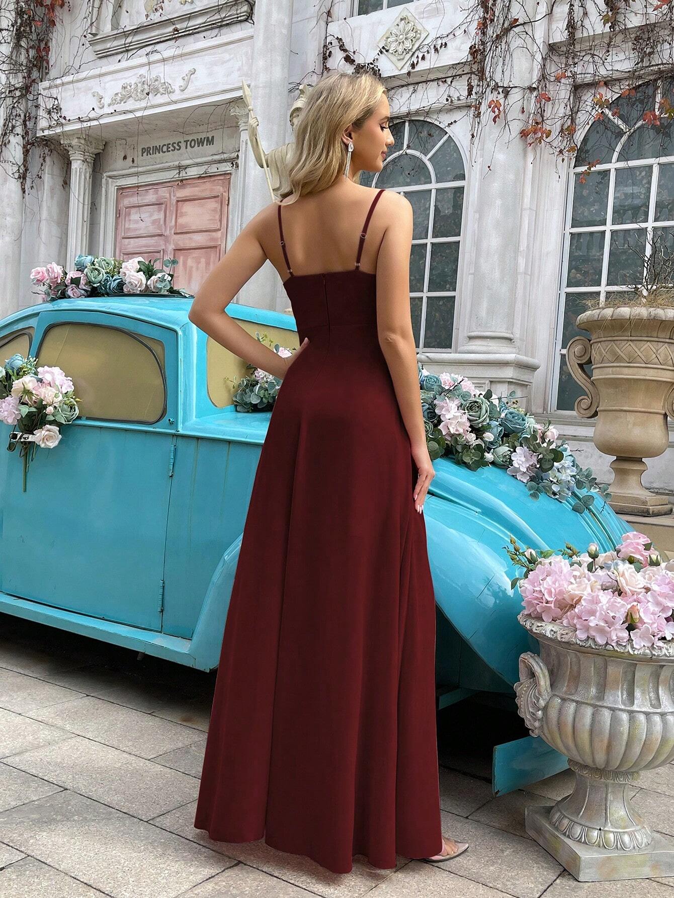 Elegant Simple Women Wedding Formal Dress Summer Bridesmaid Gown For Weddings, Guest, Dinner, Formal Events, Engagement Party, Lawn Wedding Solid Color Cowl Neck Asymmetric Hem Halter Bridesmaid Long Dresses
