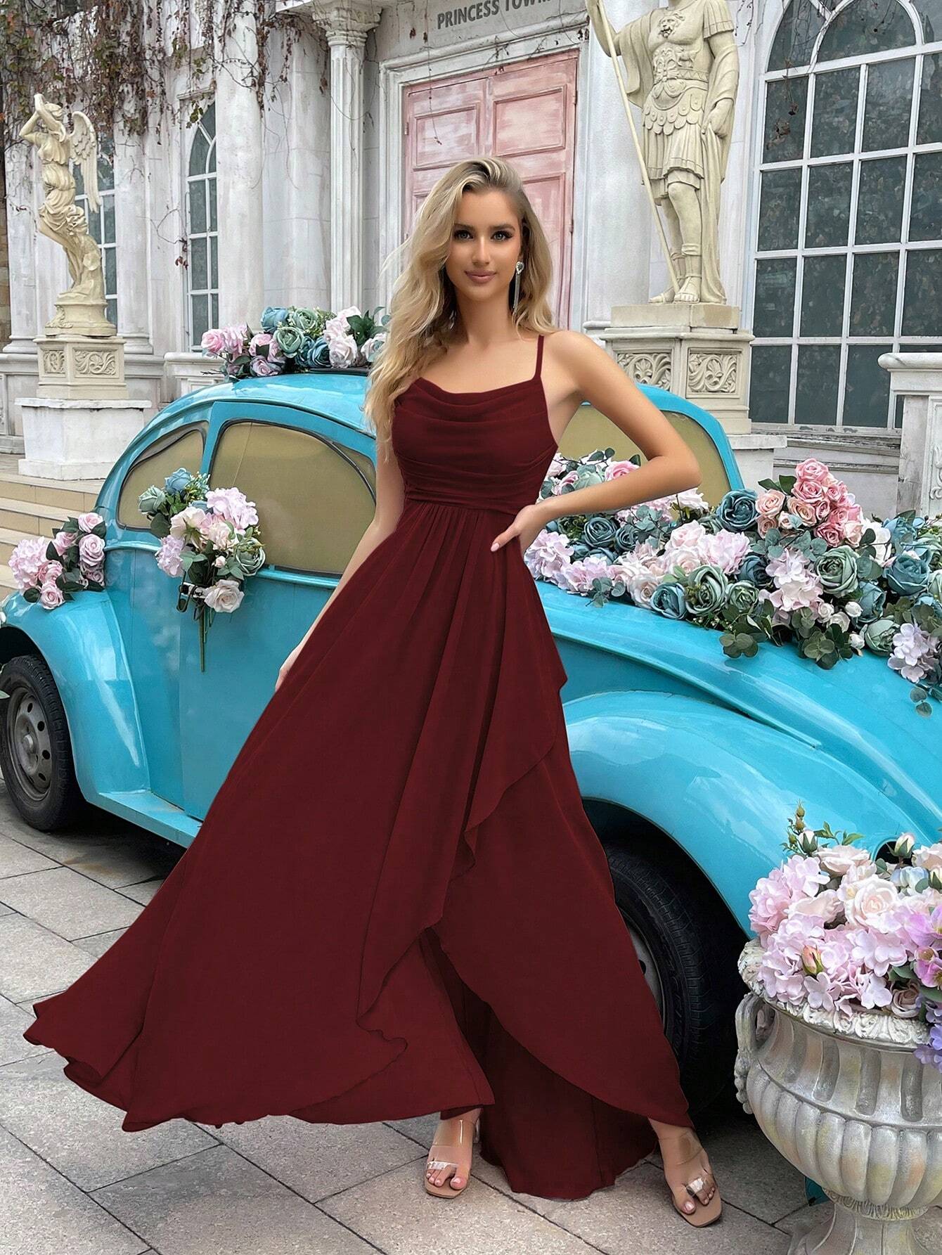 Elegant Simple Women Wedding Formal Dress Summer Bridesmaid Gown For Weddings, Guest, Dinner, Formal Events, Engagement Party, Lawn Wedding Solid Color Cowl Neck Asymmetric Hem Halter Bridesmaid Long Dresses