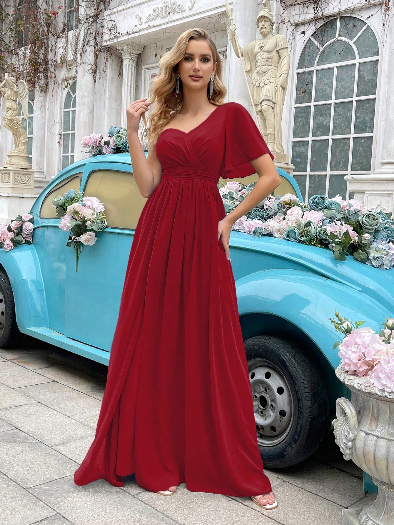 Simple Daily Solid Color One Shoulder Pleated Ruffle Sleeve Chiffon Bridesmaid Gown Dresses