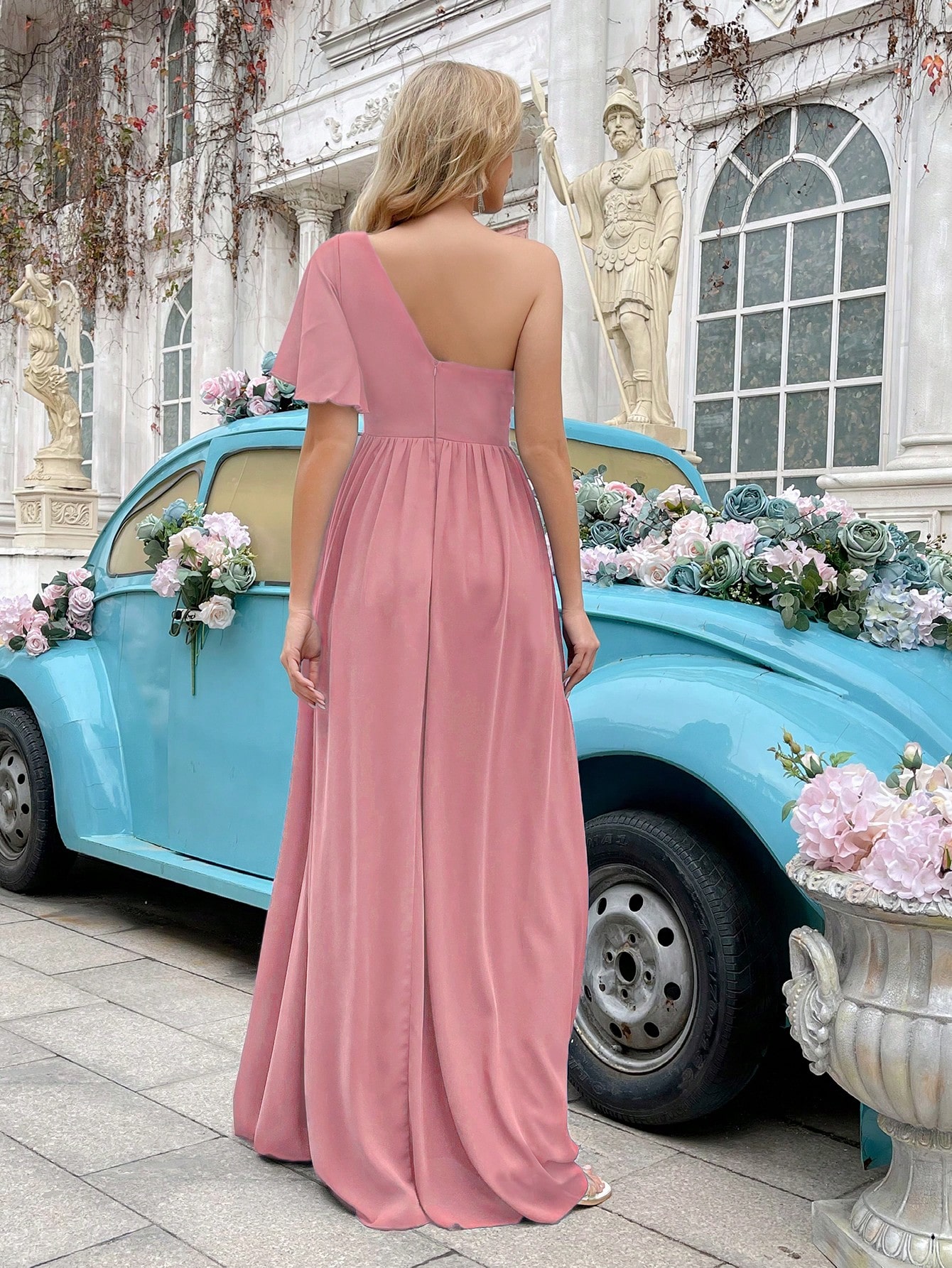 Simple Daily Solid Color One Shoulder Pleated Ruffle Sleeve Chiffon Bridesmaid Gown Dresses