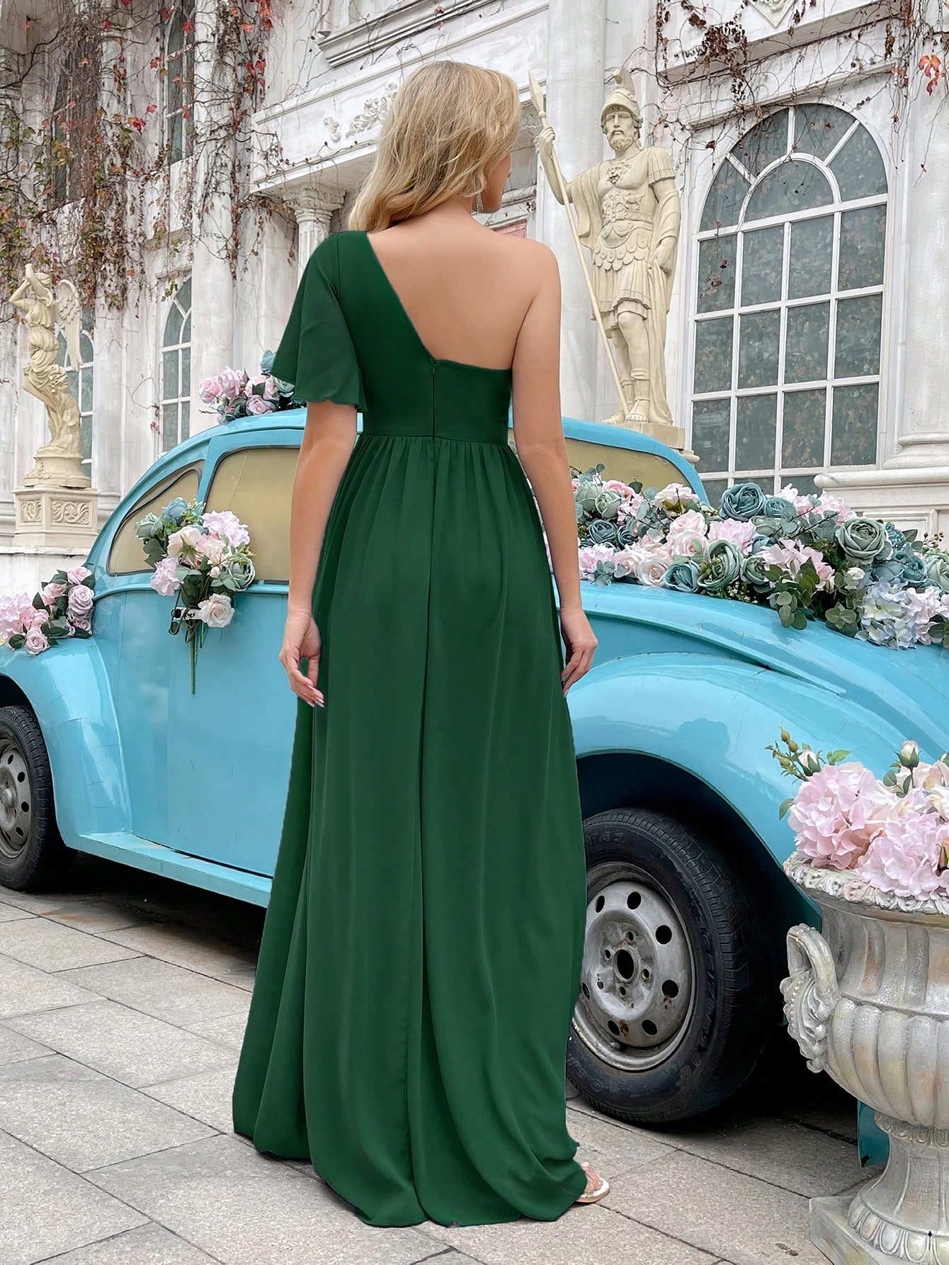 Simple Daily Solid Color One Shoulder Pleated Ruffle Sleeve Chiffon Bridesmaid Gown Dresses