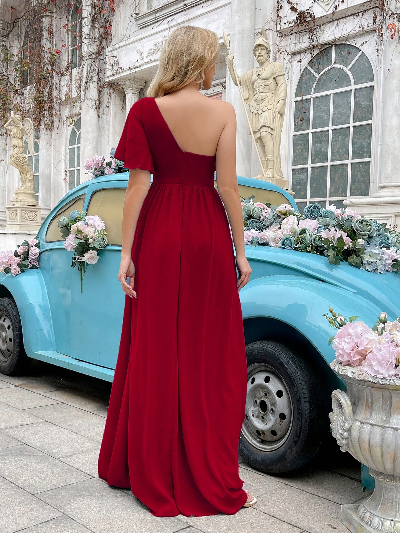 Simple Daily Solid Color One Shoulder Pleated Ruffle Sleeve Chiffon Bridesmaid Gown Dresses
