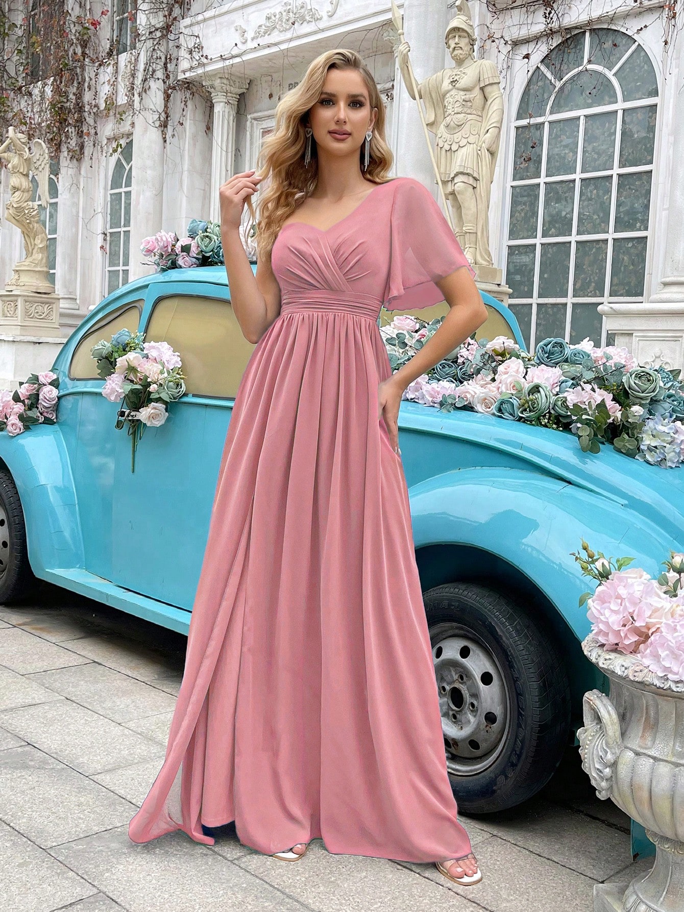 Simple Daily Solid Color One Shoulder Pleated Ruffle Sleeve Chiffon Bridesmaid Gown Dresses