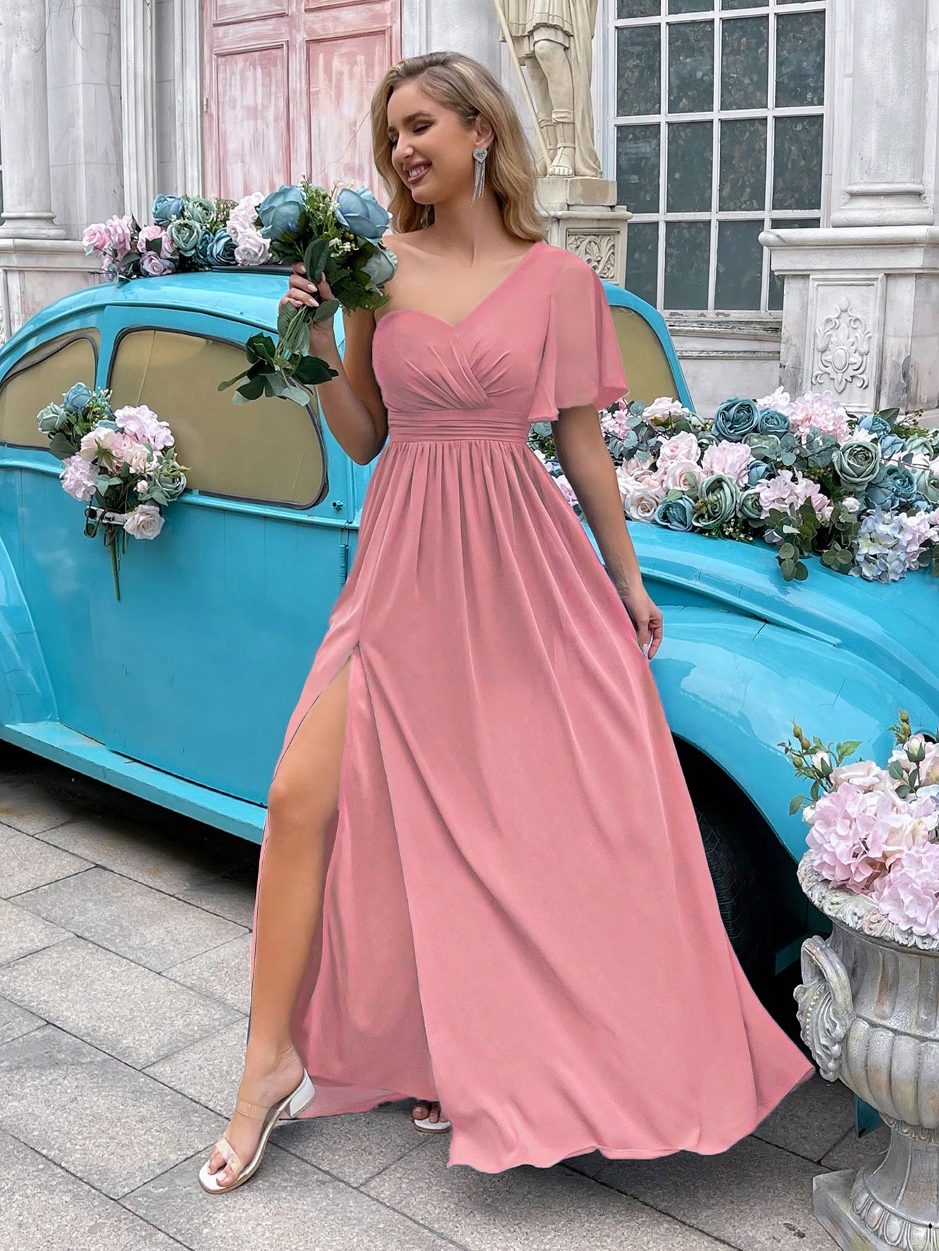 Simple Daily Solid Color One Shoulder Pleated Ruffle Sleeve Chiffon Bridesmaid Gown Dresses