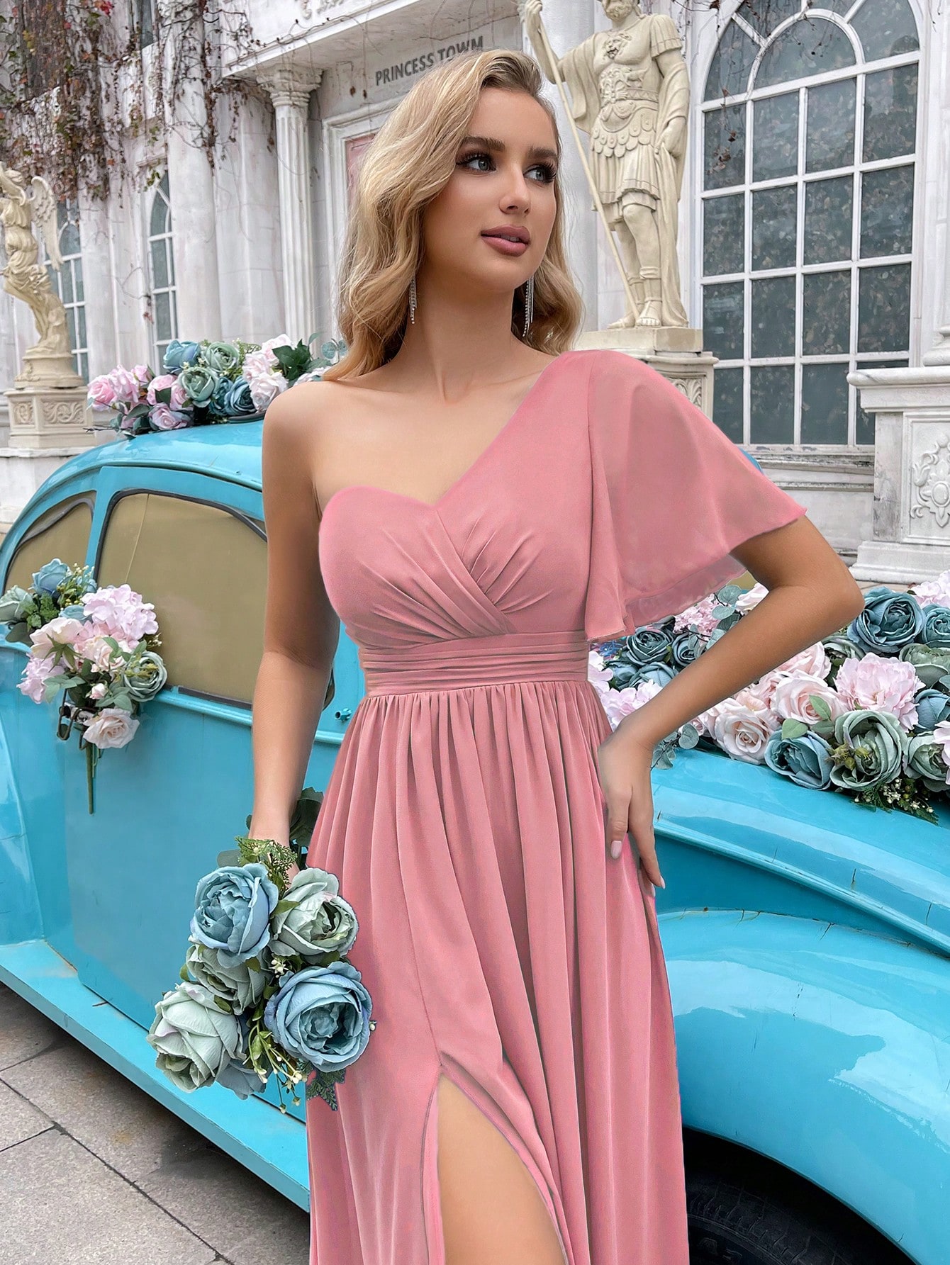 Simple Daily Solid Color One Shoulder Pleated Ruffle Sleeve Chiffon Bridesmaid Gown Dresses