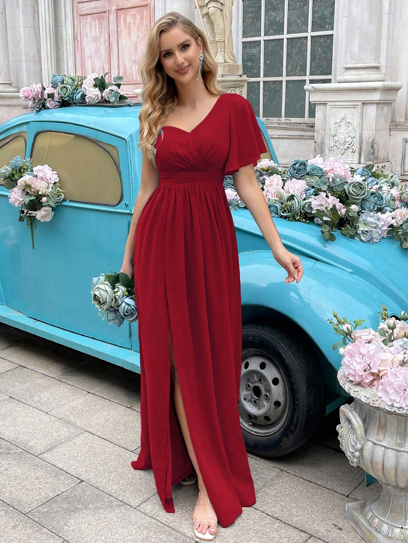 Simple Daily Solid Color One Shoulder Pleated Ruffle Sleeve Chiffon Bridesmaid Gown Dresses