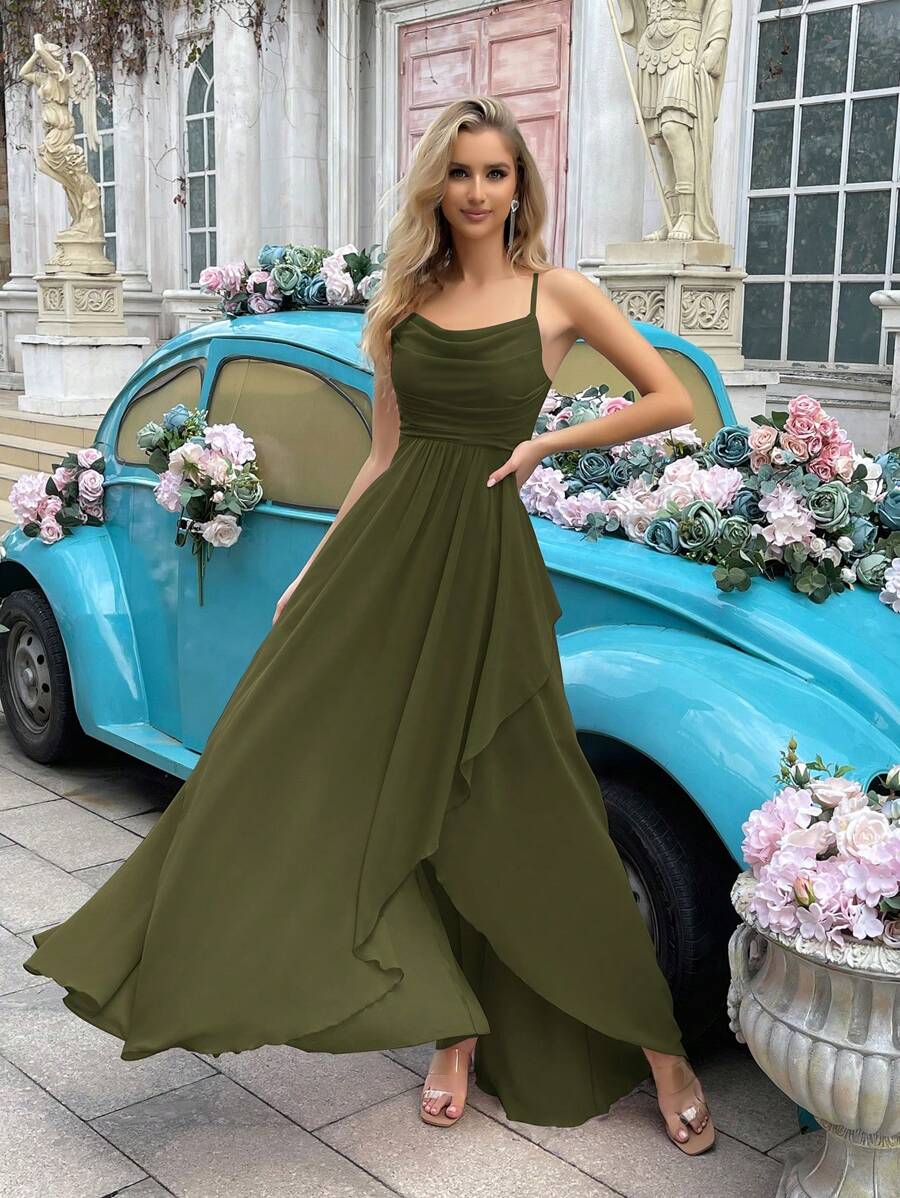 Elegant Simple Women Wedding Formal Dress Summer Bridesmaid Gown For Weddings, Guest, Dinner, Formal Events, Engagement Party, Lawn Wedding Solid Color Cowl Neck Asymmetric Hem Halter Bridesmaid Long Dresses