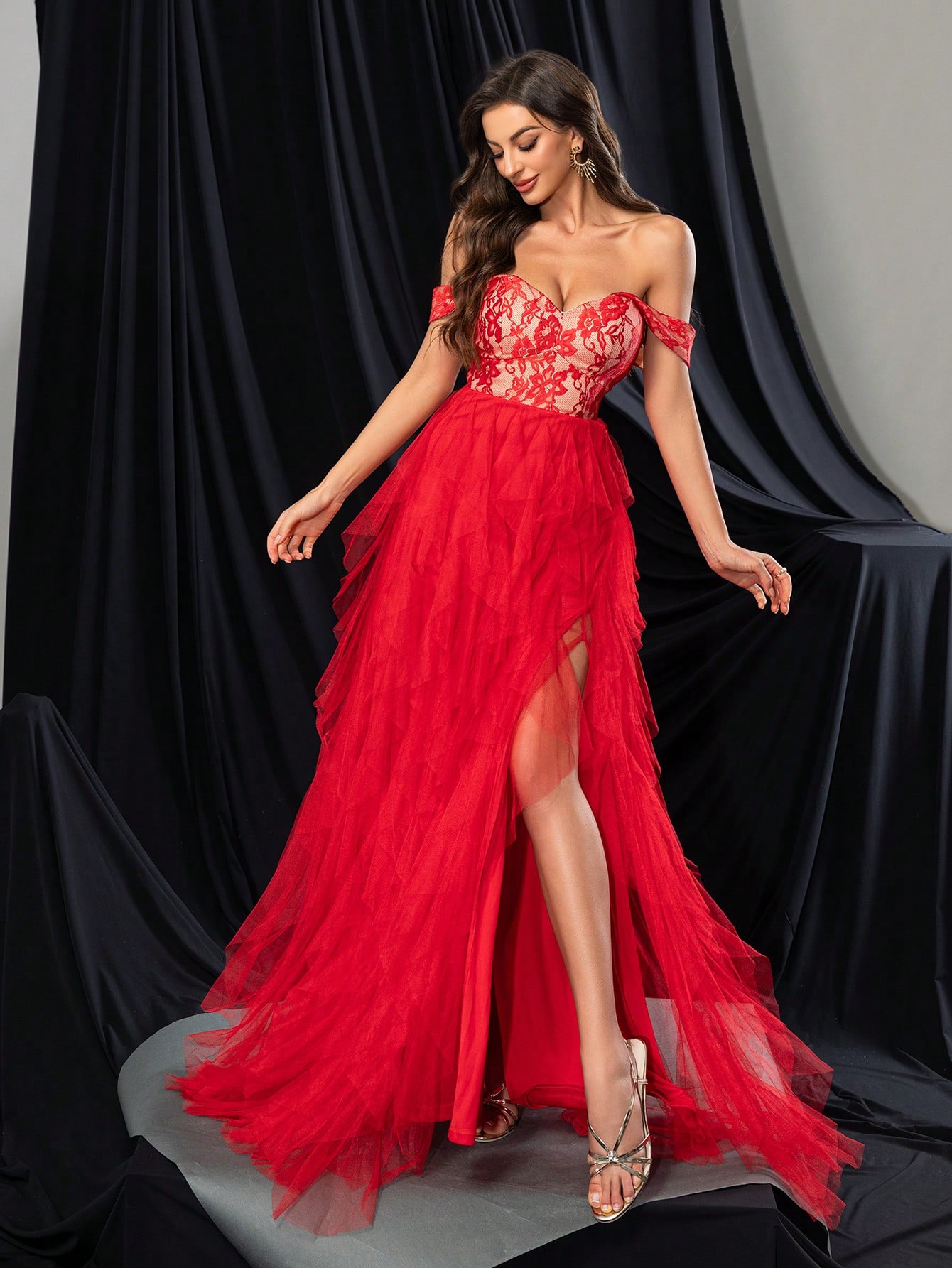 Fashionable Elegant Lace Splicing Mesh High Slit Bridesmaid Gown Dresses