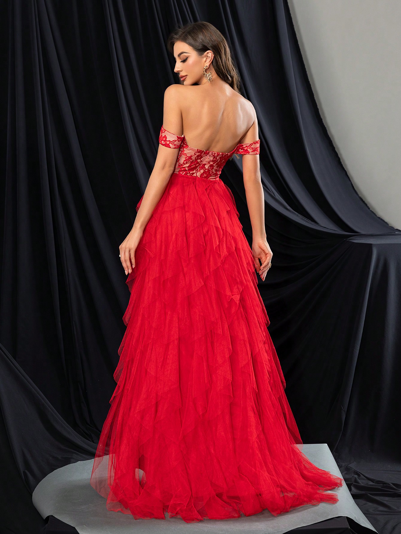 Fashionable Elegant Lace Splicing Mesh High Slit Bridesmaid Gown Dresses