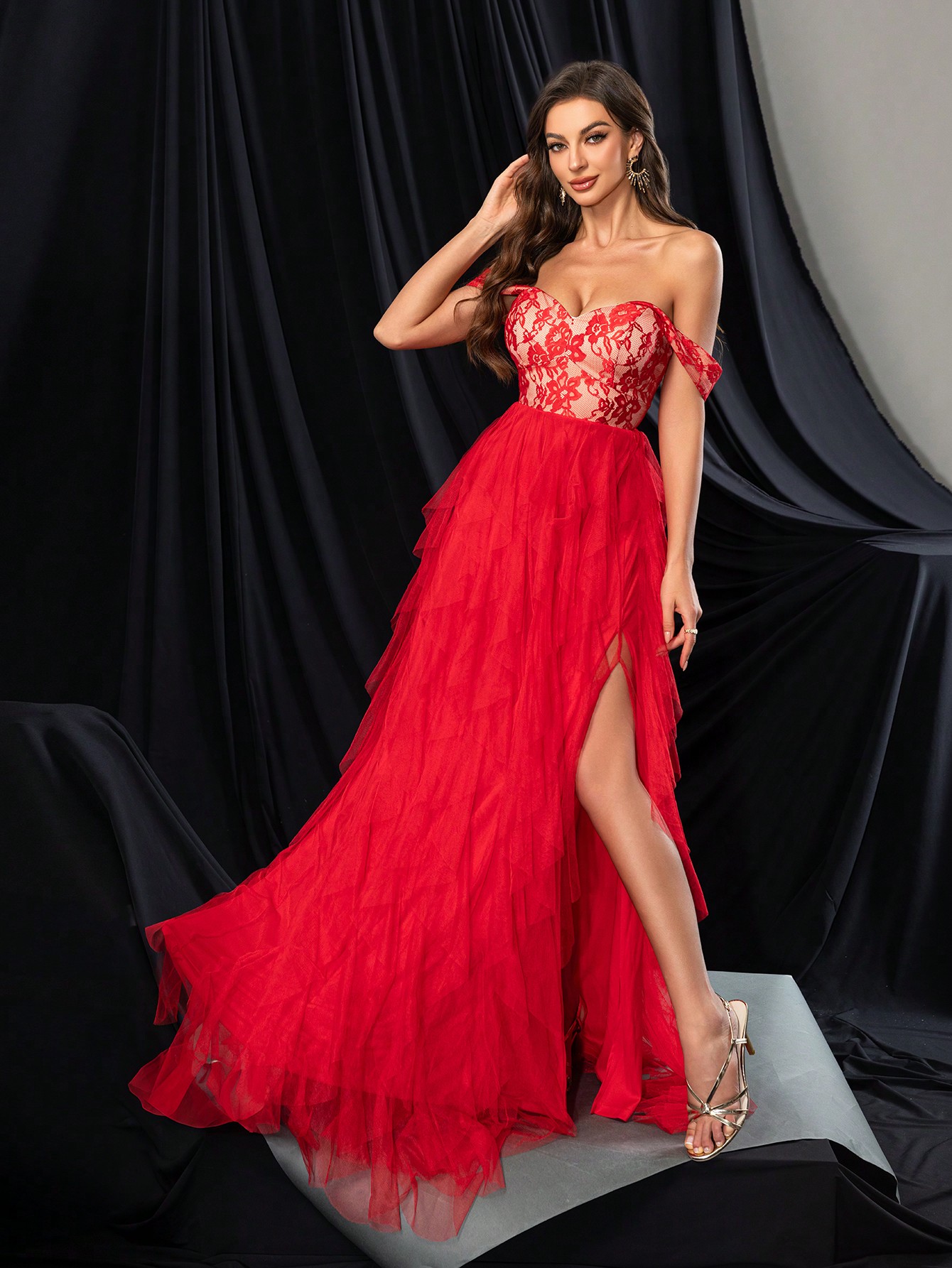 Fashionable Elegant Lace Splicing Mesh High Slit Bridesmaid Gown Dresses