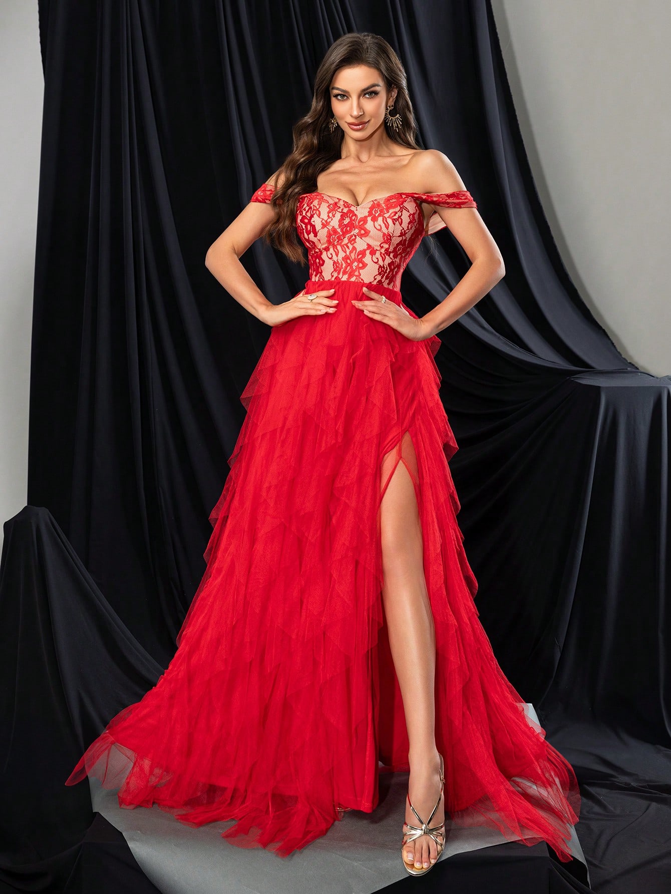 Fashionable Elegant Lace Splicing Mesh High Slit Bridesmaid Gown Dresses