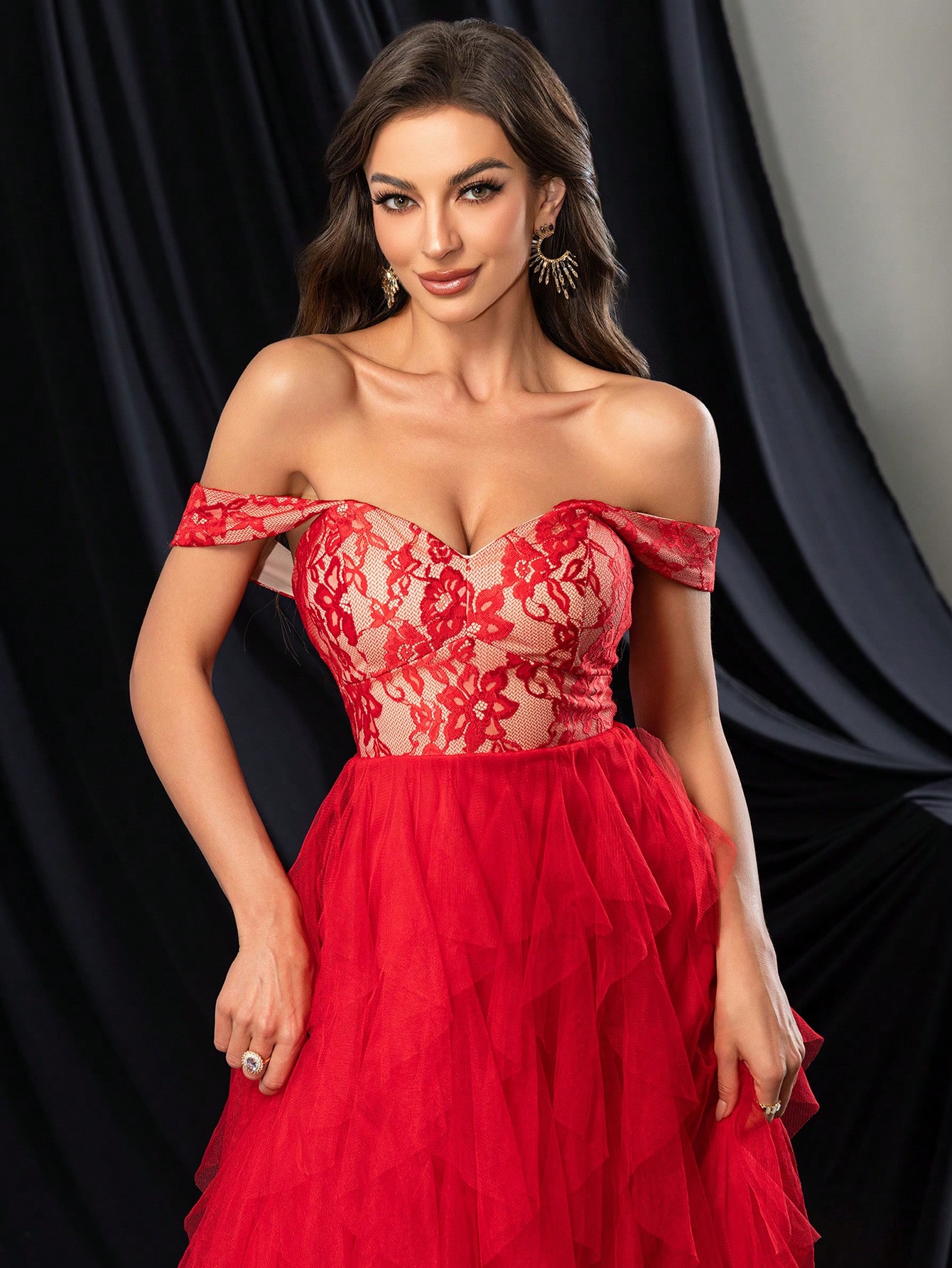 Fashionable Elegant Lace Splicing Mesh High Slit Bridesmaid Gown Dresses