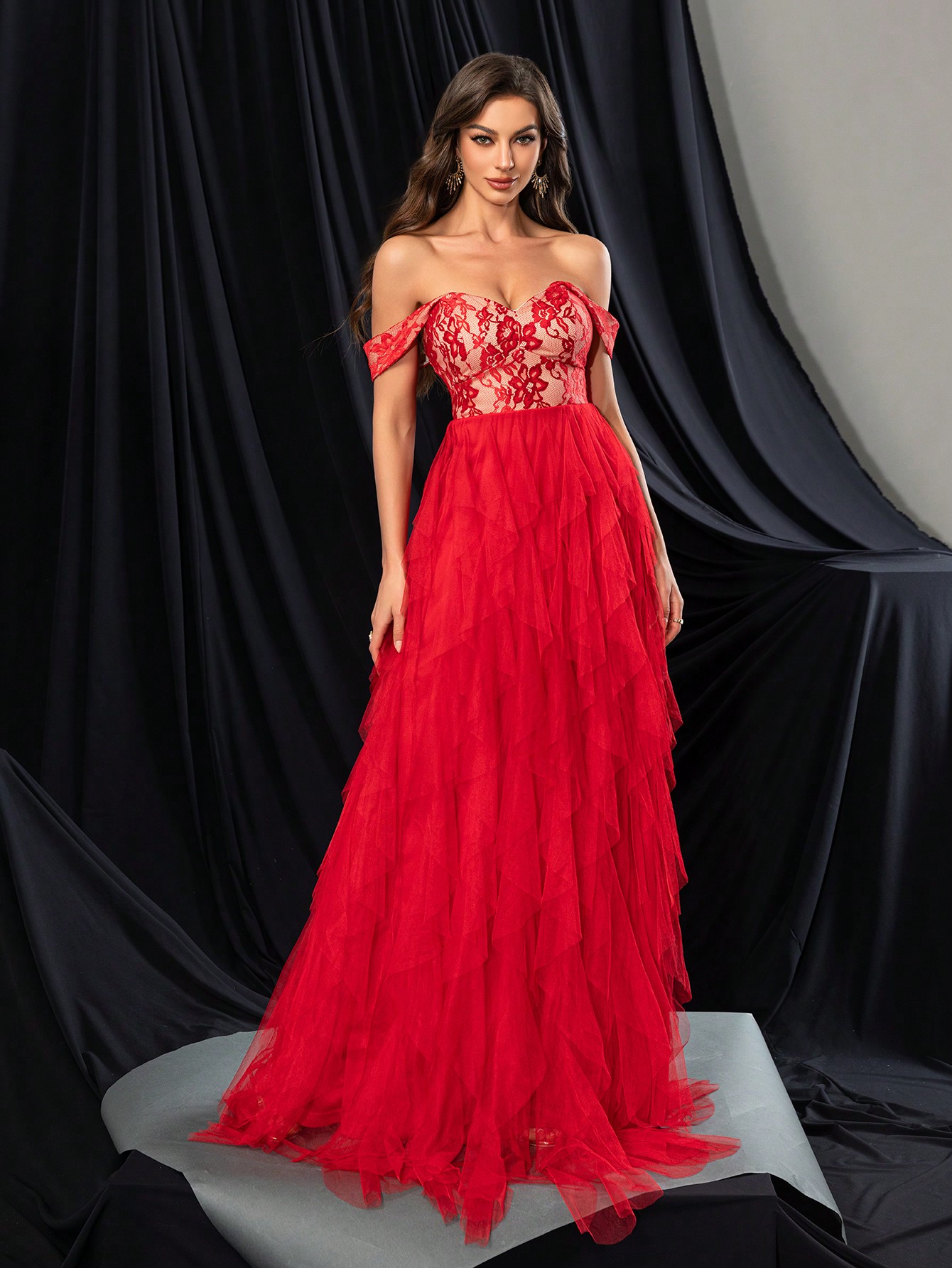 Fashionable Elegant Lace Splicing Mesh High Slit Bridesmaid Gown Dresses