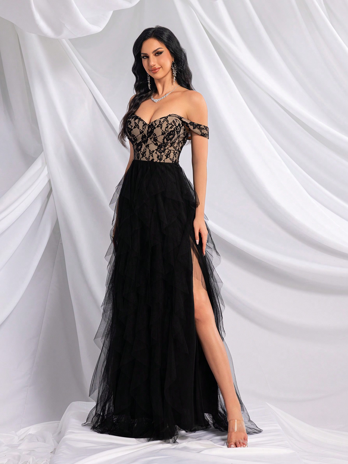 Fashionable Elegant Lace Splicing Mesh High Slit Bridesmaid Gown Dresses
