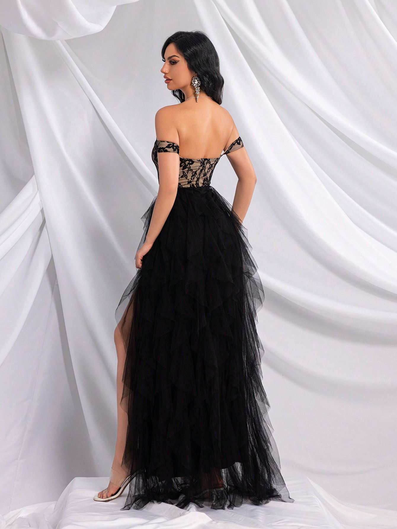 Fashionable Elegant Lace Splicing Mesh High Slit Bridesmaid Gown Dresses