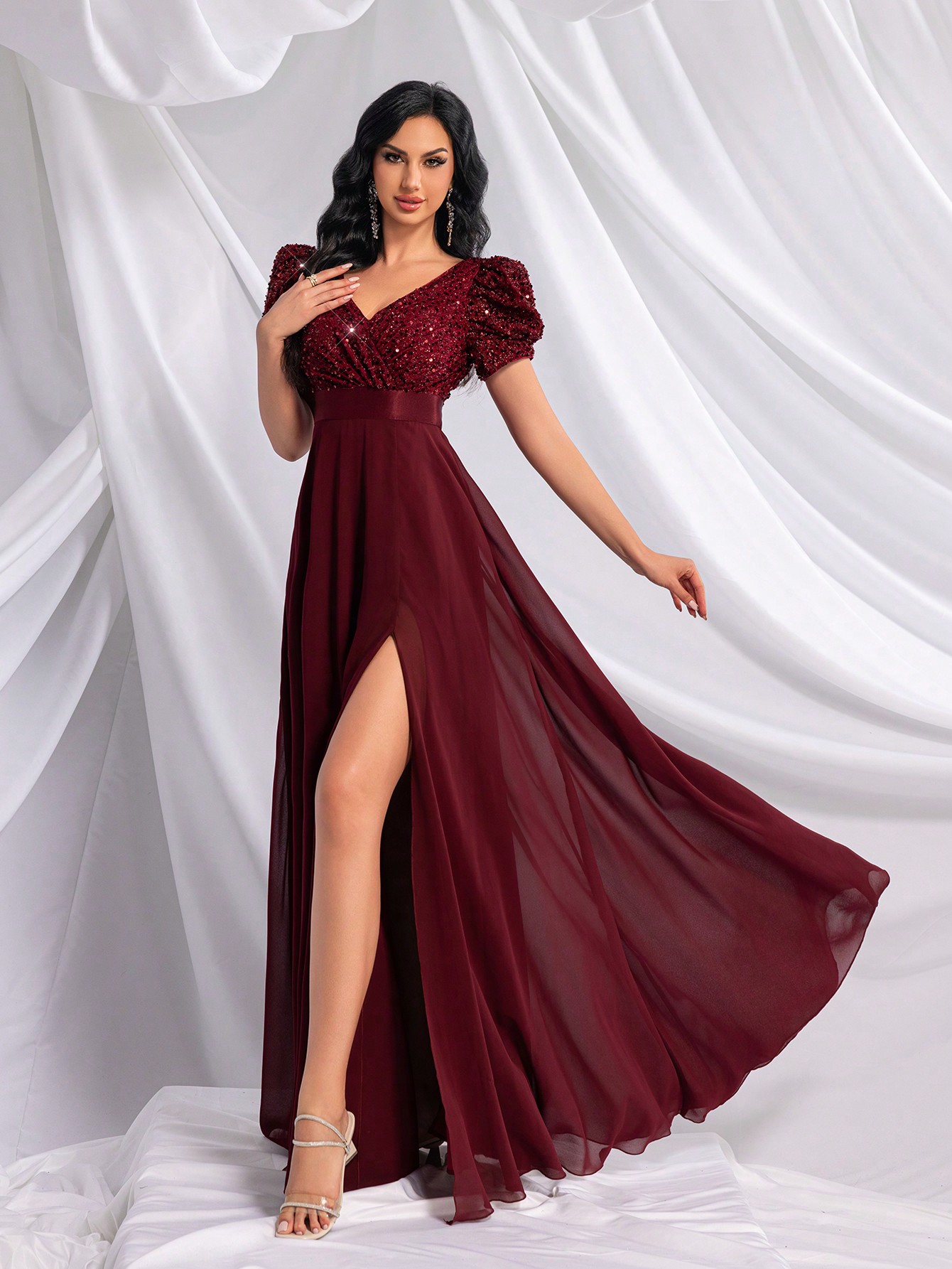 Princess Style Elegant Women Solid Color Sequin Embellished V-Neck Slit Sleeve Evening Gown For Birthday Party, Galas, Dinner Party, Cocktail Party, Anniversary Celebration