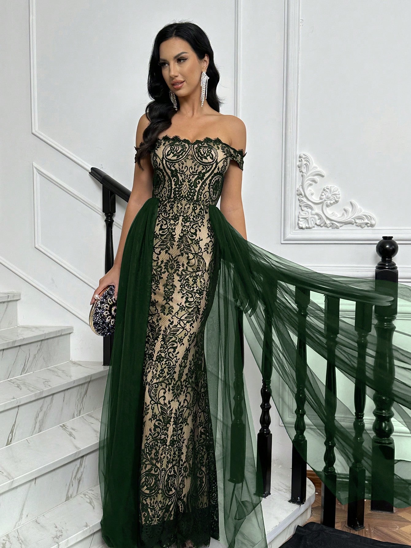 Fashionable Elegant Solid Color Full Printed Lace Mesh Ladies Gown Dresses For Evening Party, Banquet, Cocktail Party