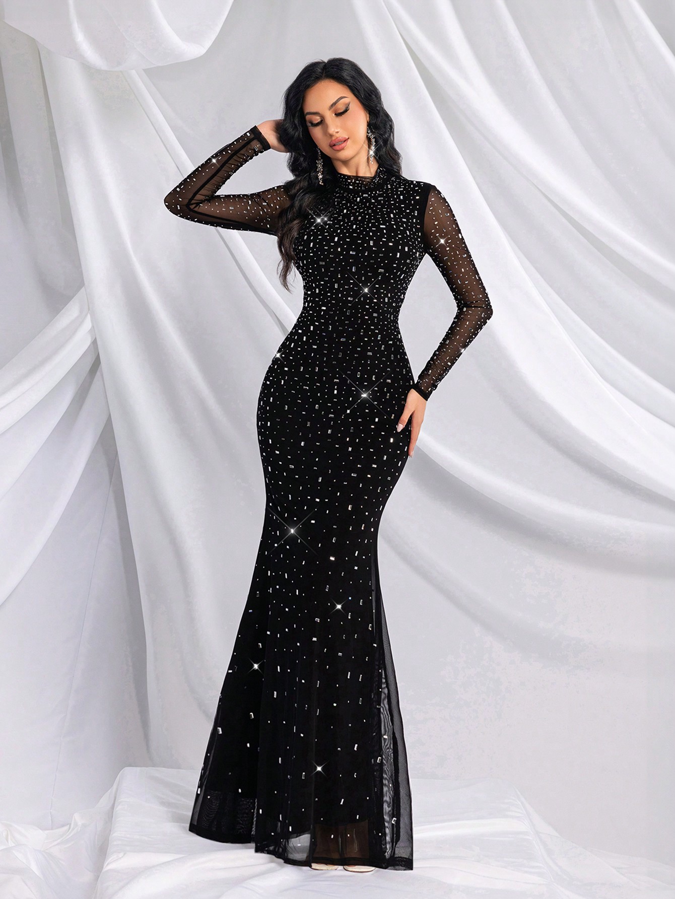 Elegant Temperament Solid Color Hot Drill Rhinestone Stand Collar Long Sleeve Mermaid Gown Dresses For Banquet, Evening Party, Birthday Party