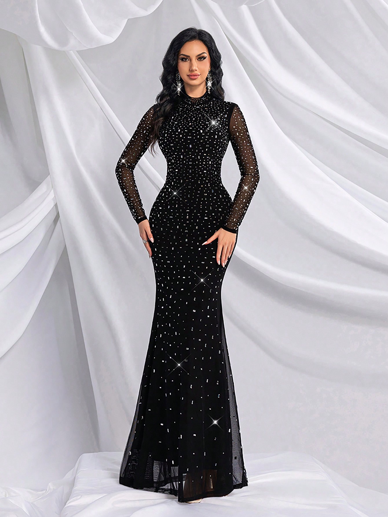 Elegant Temperament Solid Color Hot Drill Rhinestone Stand Collar Long Sleeve Mermaid Gown Dresses For Banquet, Evening Party, Birthday Party