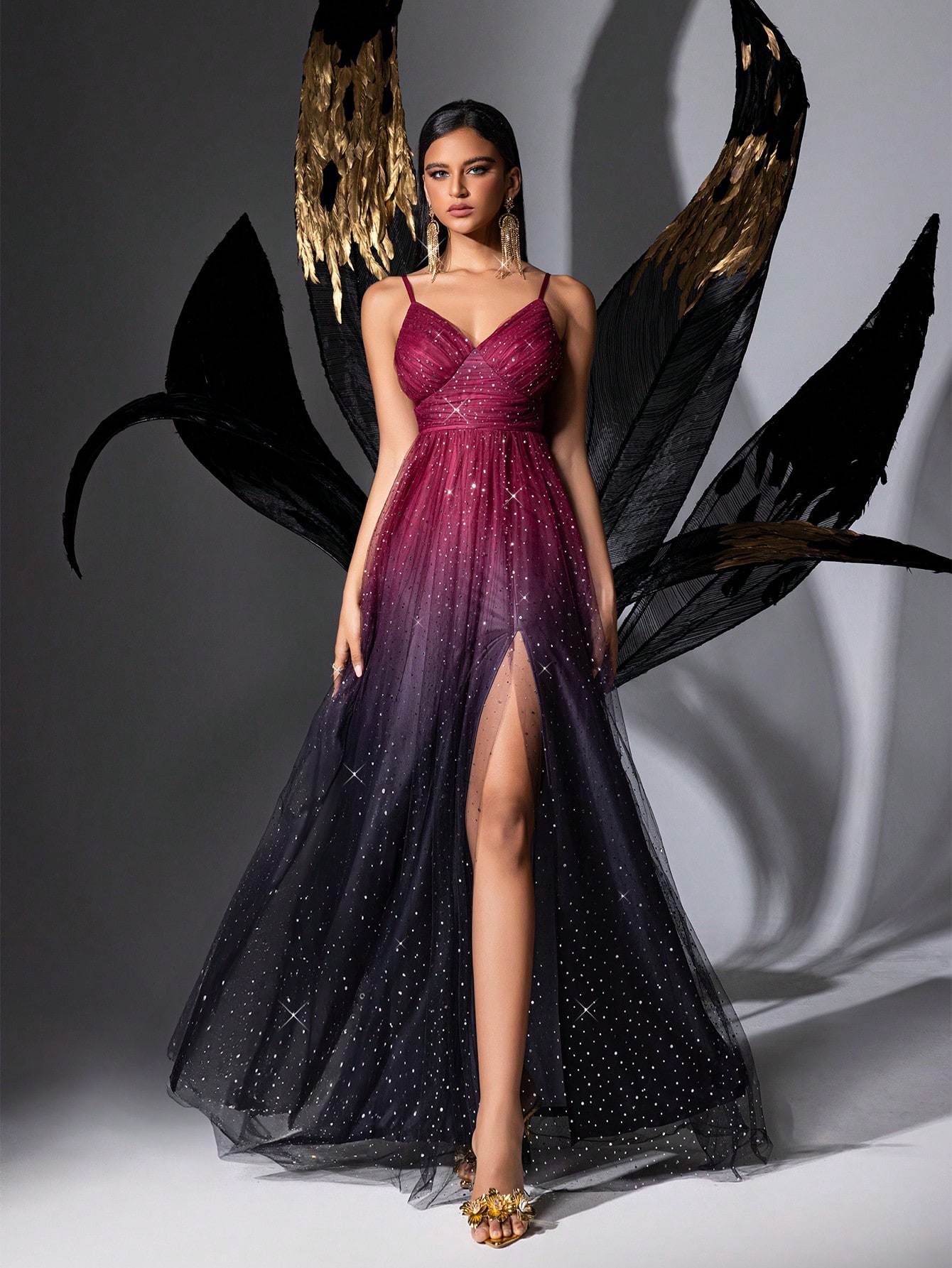 Goddess Temperament Summer Sequins Formal Dress Upscale Evening Gown For Graduation Season Prom, Galas, Dinner Party, Fiesta, Birthday Party, Award Ceremony Gradient Color Mesh Slit Sling Long Dresses