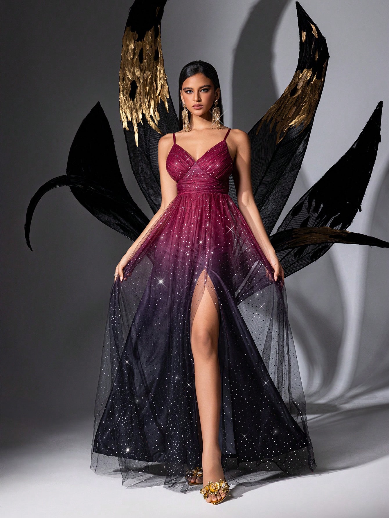 Goddess Temperament Summer Sequins Formal Dress Upscale Evening Gown For Graduation Season Prom, Galas, Dinner Party, Fiesta, Birthday Party, Award Ceremony Gradient Color Mesh Slit Sling Long Dresses