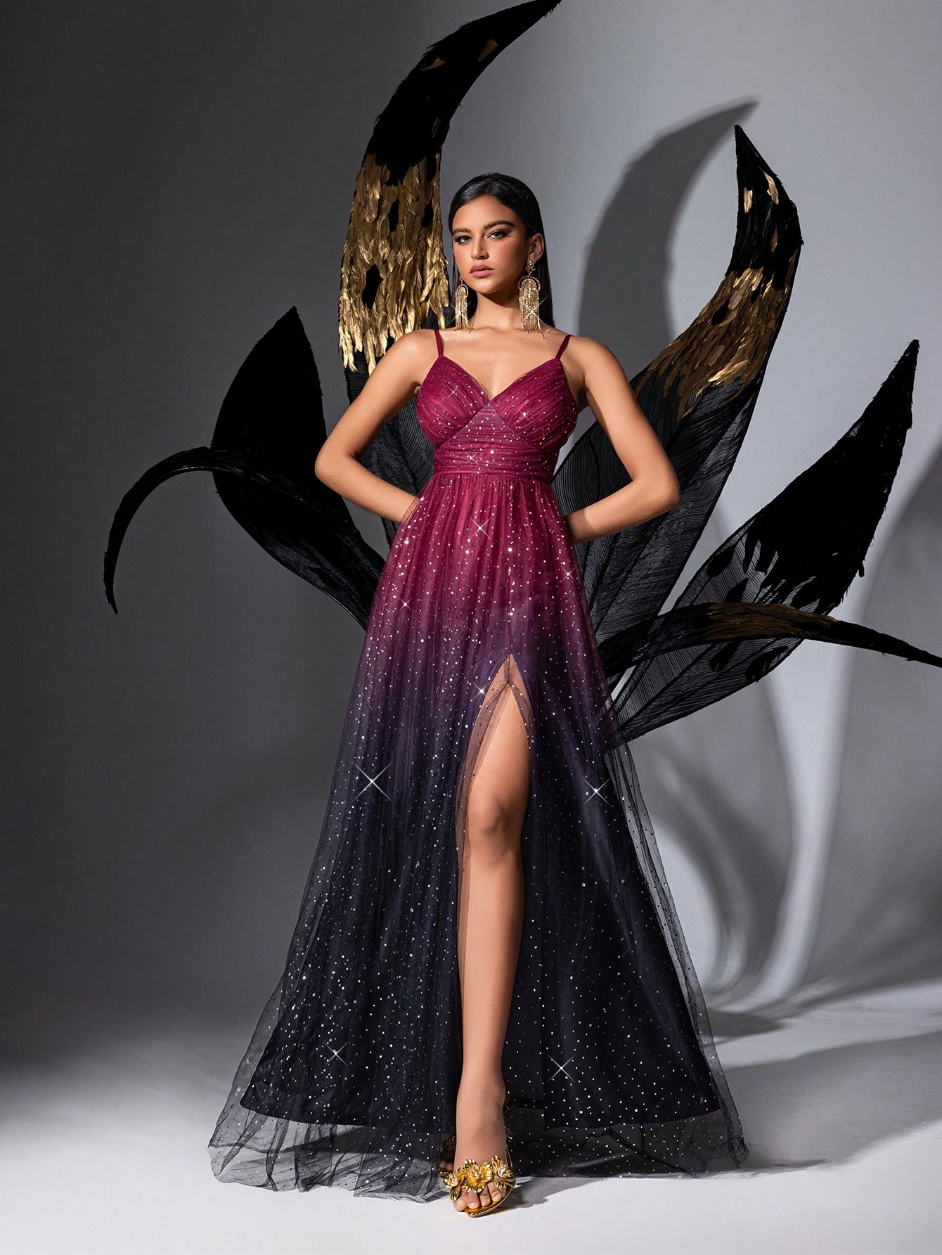 Goddess Temperament Summer Sequins Formal Dress Upscale Evening Gown For Graduation Season Prom, Galas, Dinner Party, Fiesta, Birthday Party, Award Ceremony Gradient Color Mesh Slit Sling Long Dresses