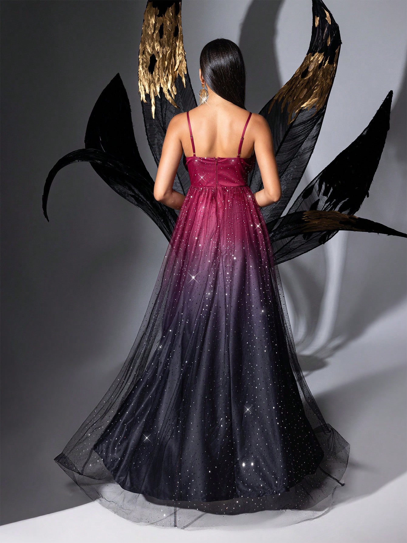 Goddess Temperament Summer Sequins Formal Dress Upscale Evening Gown For Graduation Season Prom, Galas, Dinner Party, Fiesta, Birthday Party, Award Ceremony Gradient Color Mesh Slit Sling Long Dresses