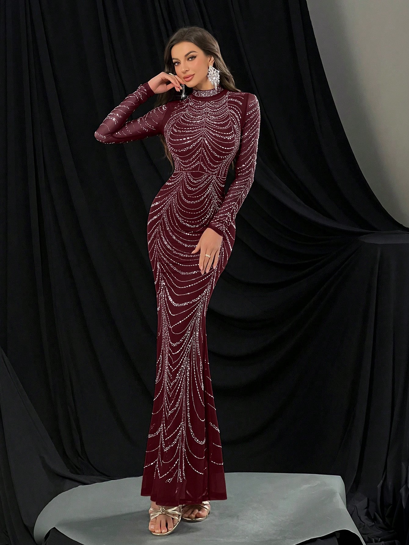 Fashionable Gorgeous Hot Drill Evening Gown Luxurious Rhinestone Formal Dress For Cocktail Party, Red Carpet Events, Galas Solid Color Long Sleeve Mermaid Hem Gowns