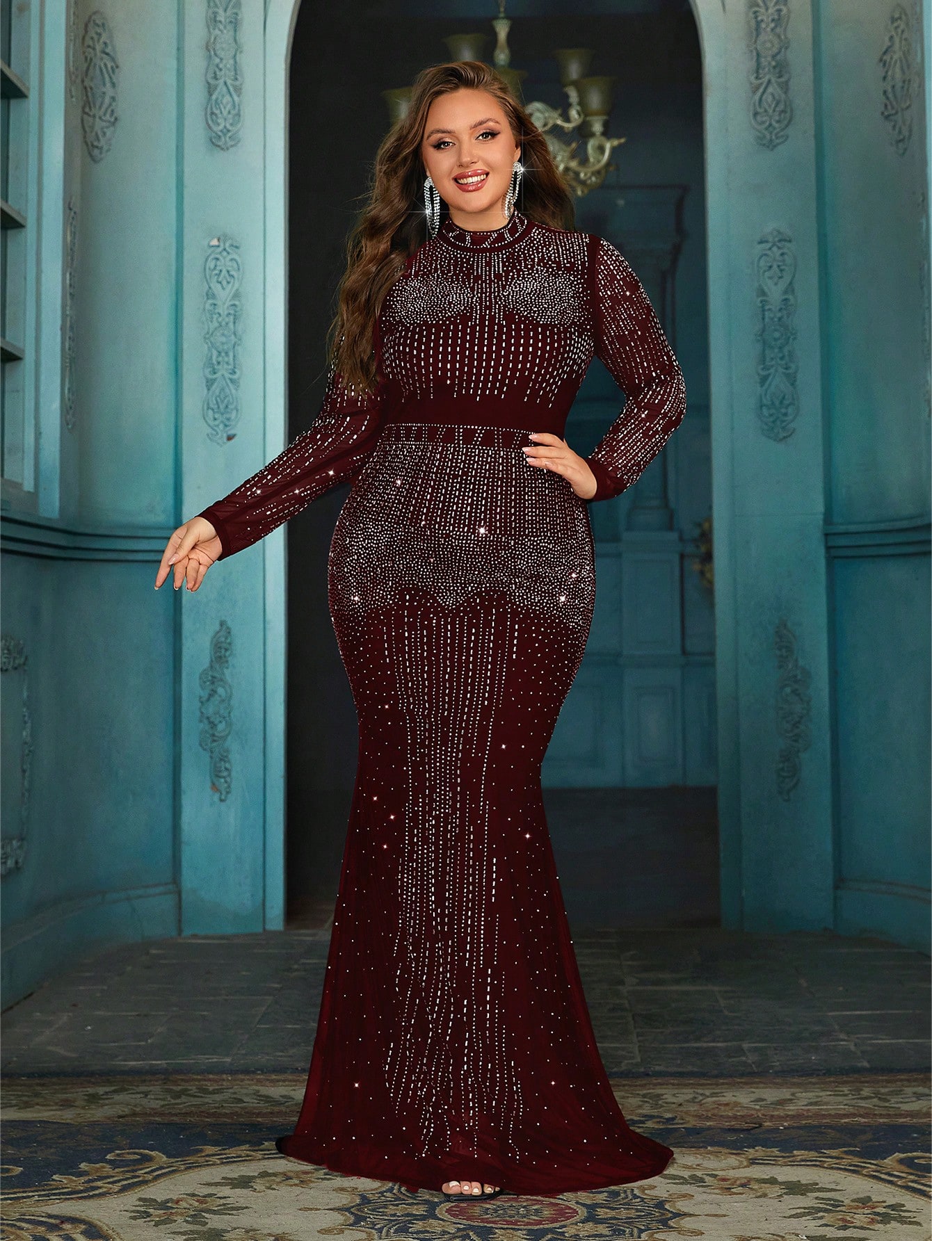 Fashionable Temperament Solid Color Fantasy Hot Drill Rhinestone Ladies Long Sleeve Gown Dresss For Evening Party, Banquet, Ceremony