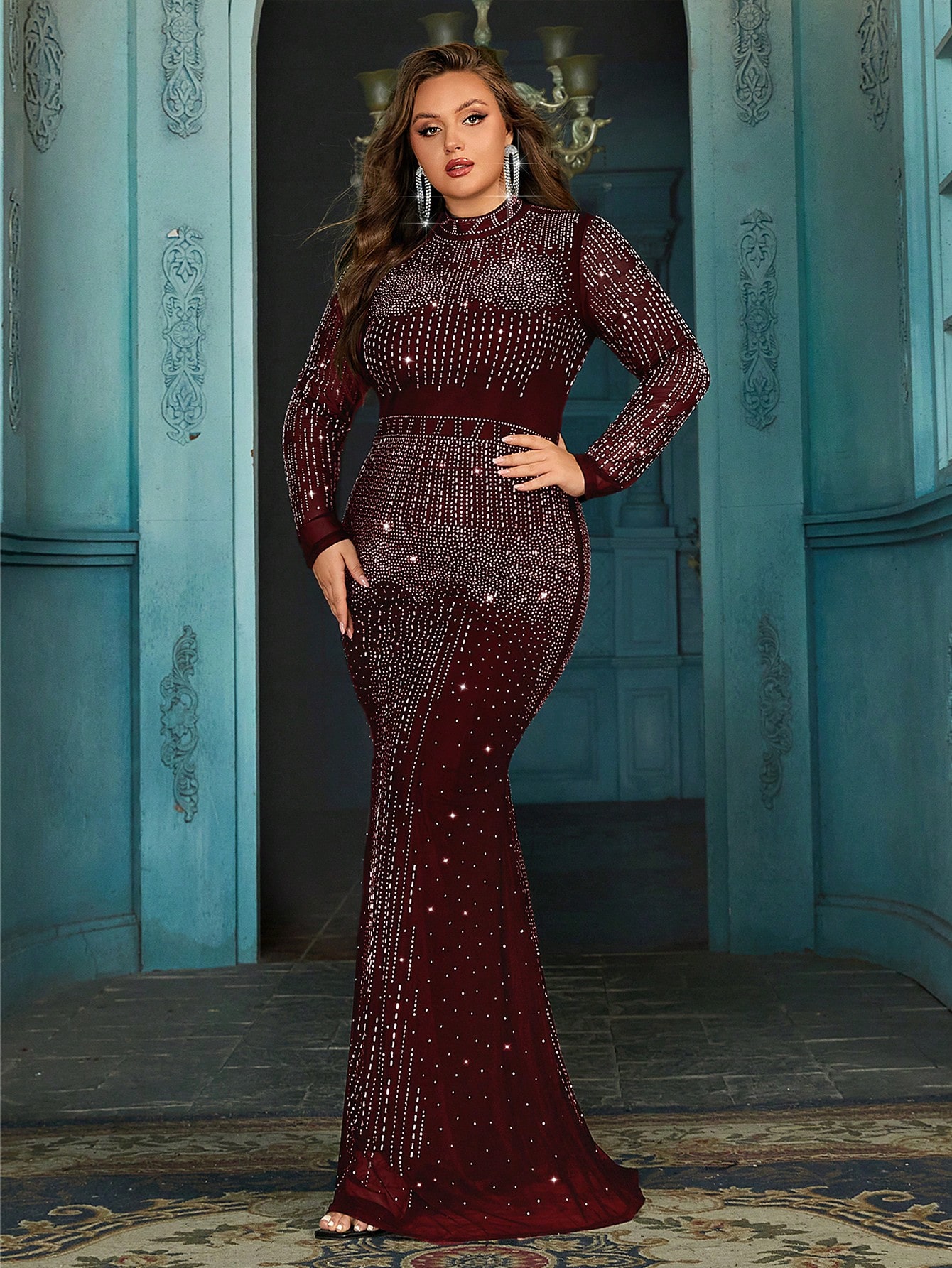 Fashionable Temperament Solid Color Fantasy Hot Drill Rhinestone Ladies Long Sleeve Gown Dresss For Evening Party, Banquet, Ceremony