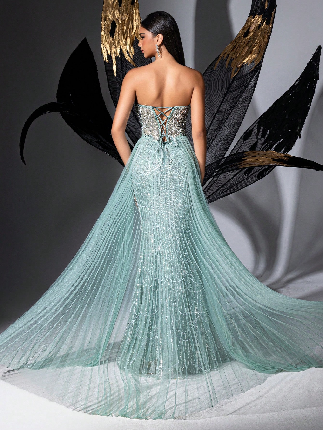 Glamour Goddess Sequin Party Formal Dress Luxury Women Evening Gown For Red Carpet, Birthday Party, Graduation Season Prom, Galas, Charity Prom, Award Ceremony Solid Color Strapless Mesh Lace-Up Slit Gowns