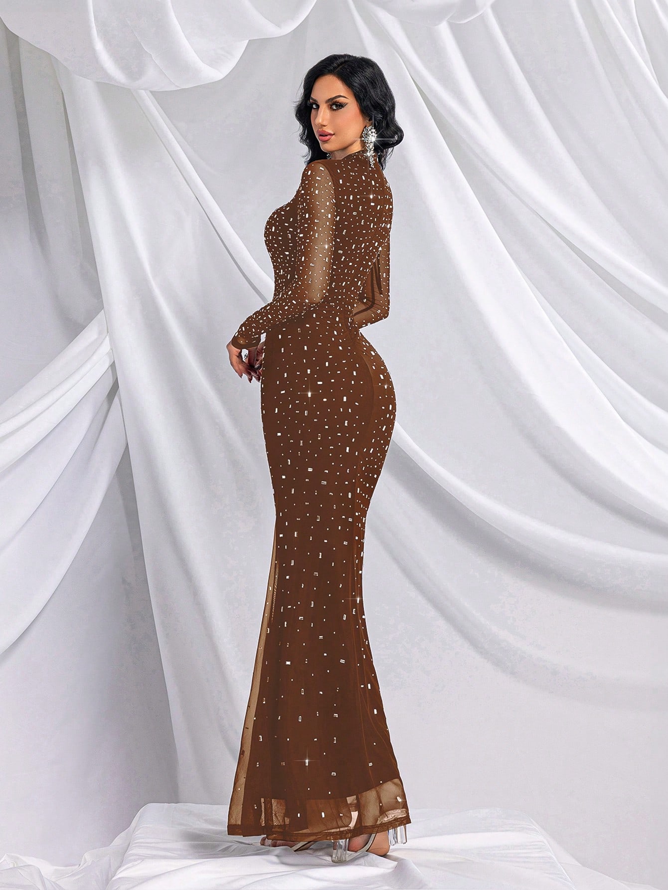 Elegant Temperament Solid Color Hot Drill Rhinestone Stand Collar Long Sleeve Mermaid Gown Dresses For Banquet, Evening Party, Birthday Party