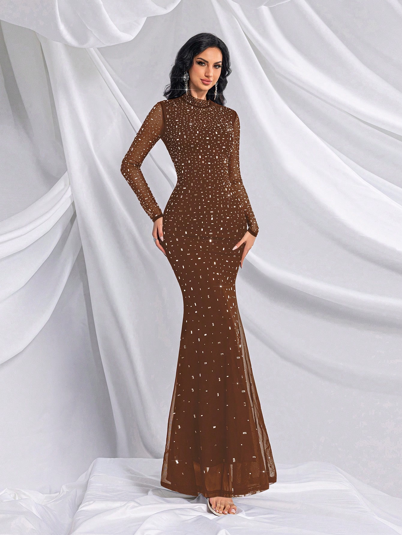 Elegant Temperament Solid Color Hot Drill Rhinestone Stand Collar Long Sleeve Mermaid Gown Dresses For Banquet, Evening Party, Birthday Party