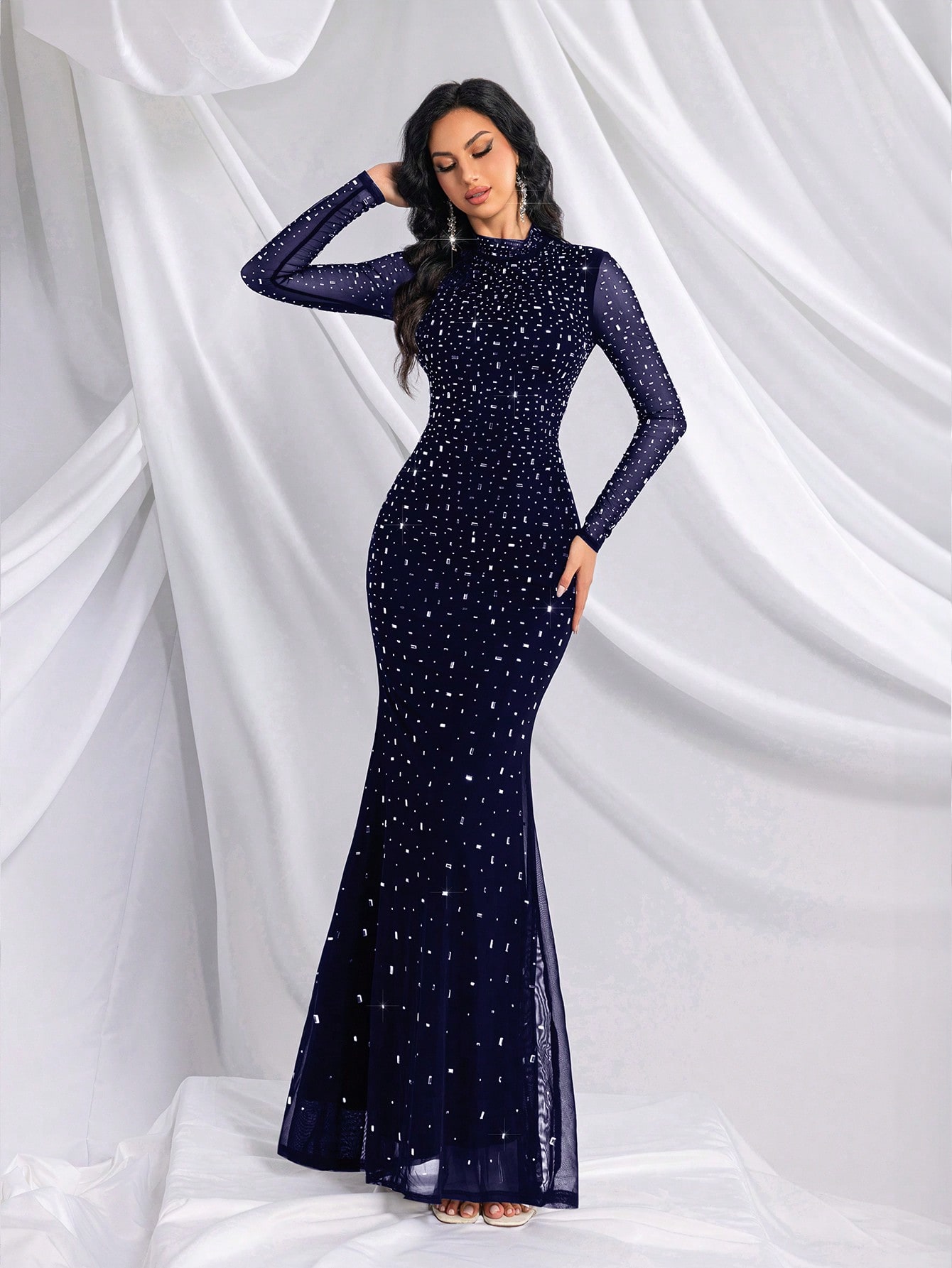 Elegant Temperament Solid Color Hot Drill Rhinestone Stand Collar Long Sleeve Mermaid Gown Dresses For Banquet, Evening Party, Birthday Party