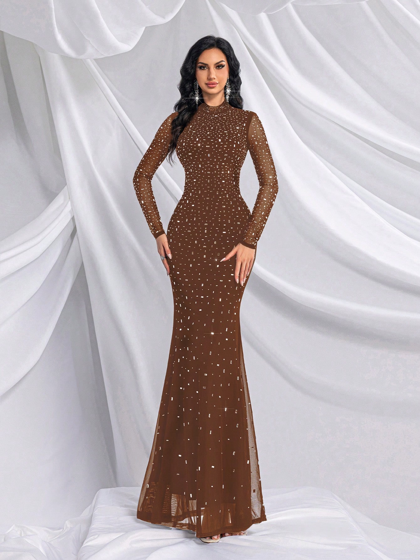 Elegant Temperament Solid Color Hot Drill Rhinestone Stand Collar Long Sleeve Mermaid Gown Dresses For Banquet, Evening Party, Birthday Party