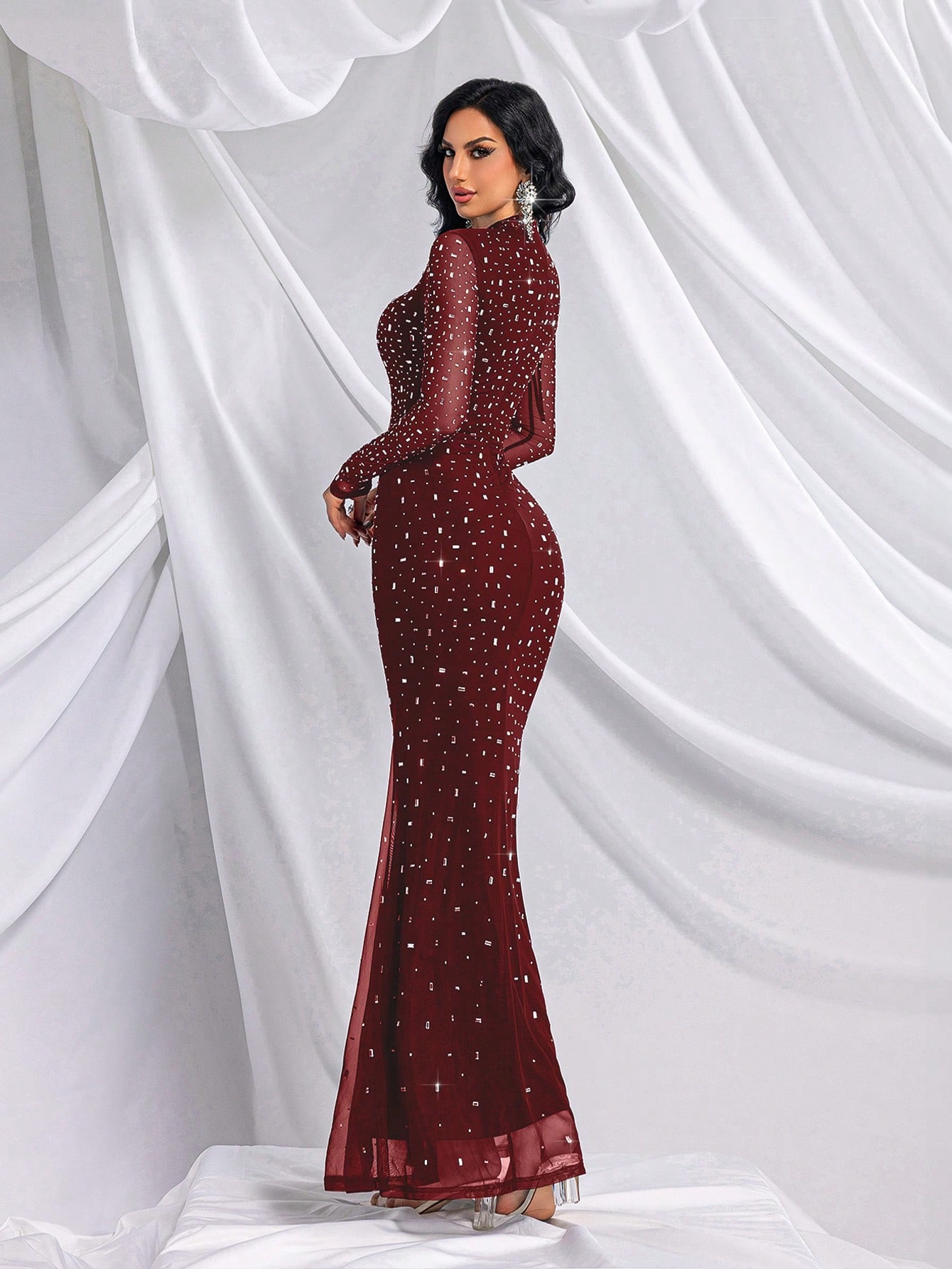 Elegant Temperament Solid Color Hot Drill Rhinestone Stand Collar Long Sleeve Mermaid Gown Dresses For Banquet, Evening Party, Birthday Party