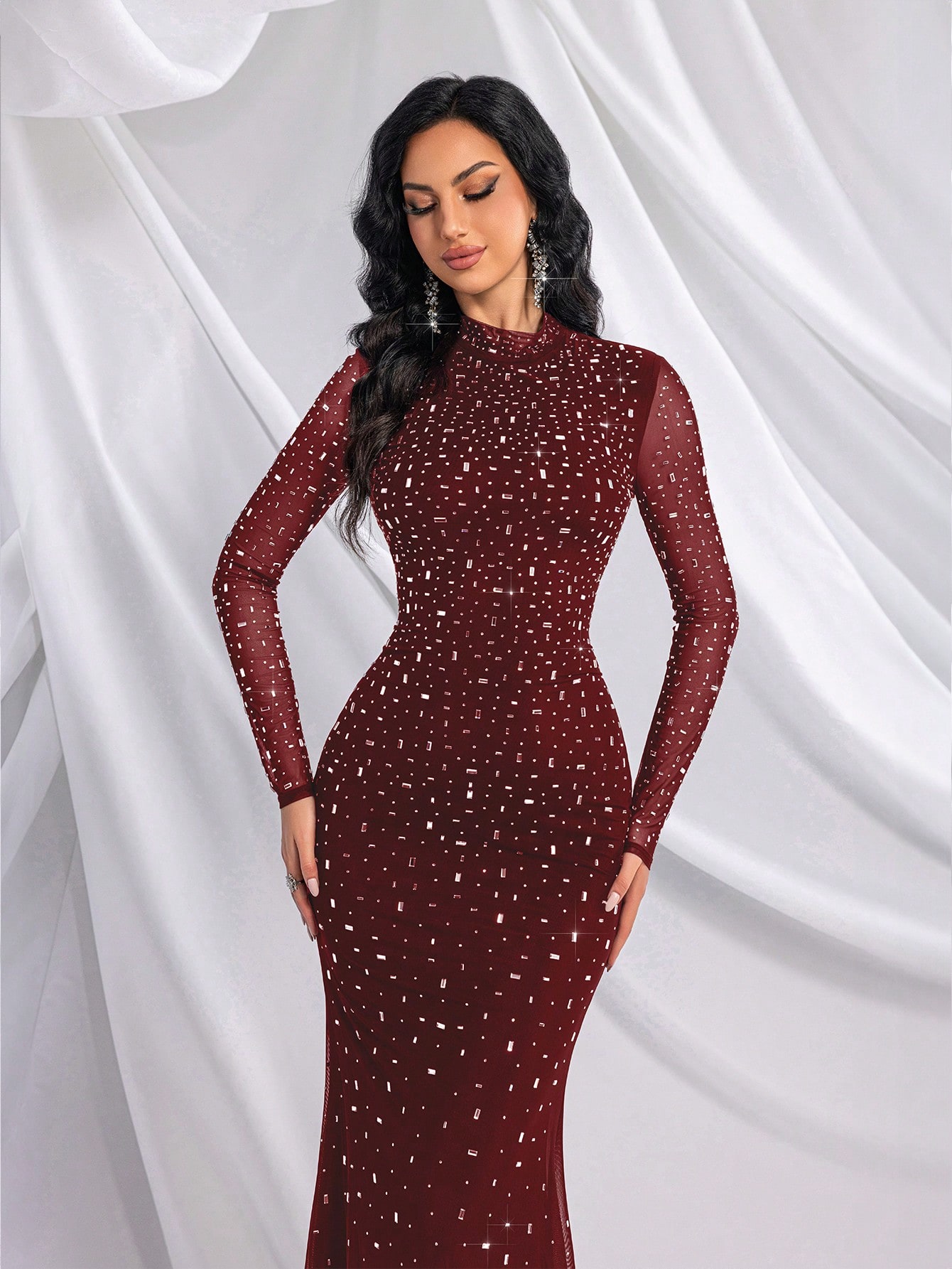 Elegant Temperament Solid Color Hot Drill Rhinestone Stand Collar Long Sleeve Mermaid Gown Dresses For Banquet, Evening Party, Birthday Party