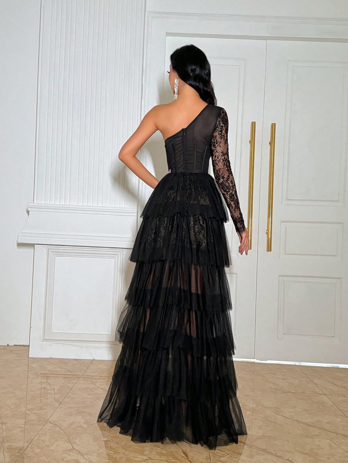 Glamorous Charming Women Formal Dress Upscale Evening Gown For Formal Dinner Party, Galas, Cocktail Party, Birthday Party, Prom, Anniversary Celebration Solid Color Lace Patchwork Long Sleeve Layered Mesh Dresses