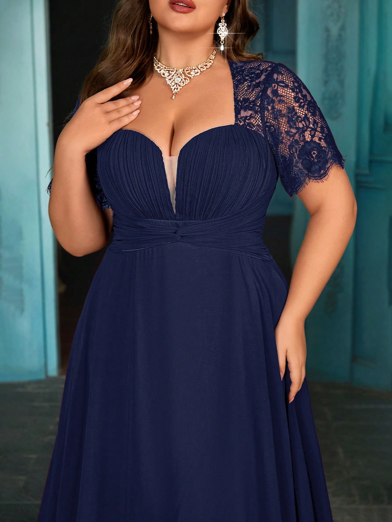 Women's Elegant Wine Red Lace Patchwork Short Sleeve Formal Maxi Dress, Plus Size Sweetheart Neck Evening Gown, Waist-Defining Chiffon Prom Party Dress, A-Line Hem Wedding Guest Dress Bridesmaid Dress, Birthday Dress, Red Carpet Outfit,Holiday Dress