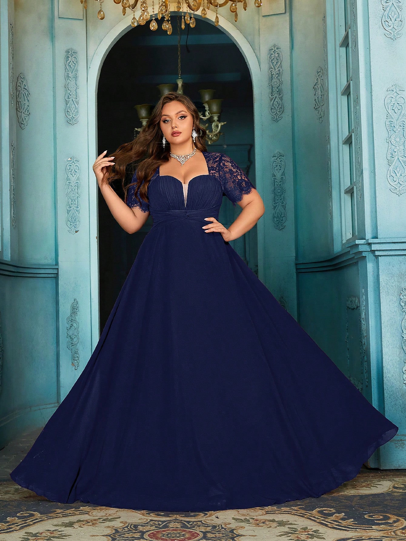 Women's Elegant Wine Red Lace Patchwork Short Sleeve Formal Maxi Dress, Plus Size Sweetheart Neck Evening Gown, Waist-Defining Chiffon Prom Party Dress, A-Line Hem Wedding Guest Dress Bridesmaid Dress, Birthday Dress, Red Carpet Outfit,Holiday Dress